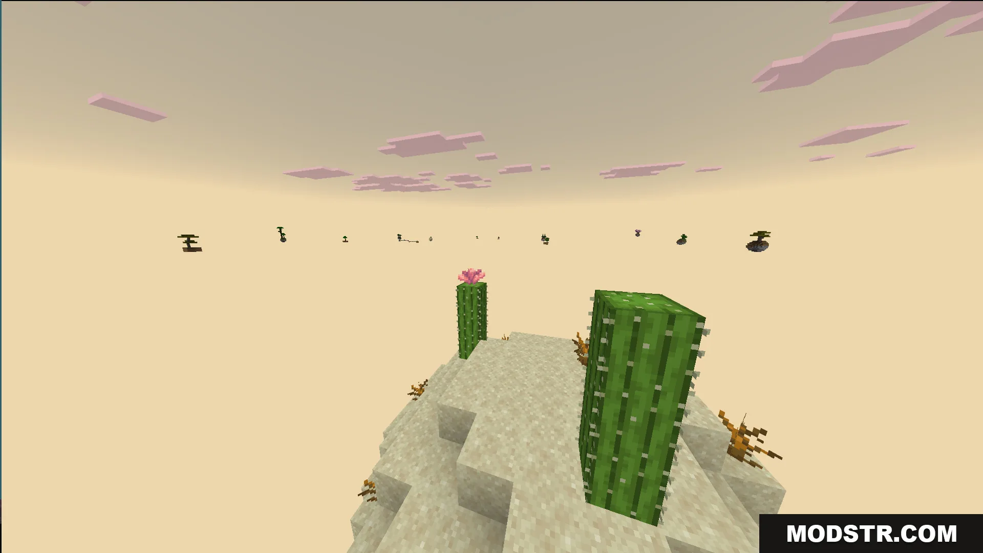One Block Mcpower Edition Map Screenshot 6 Floating desert island with cacti and distant biomes in the empty sky