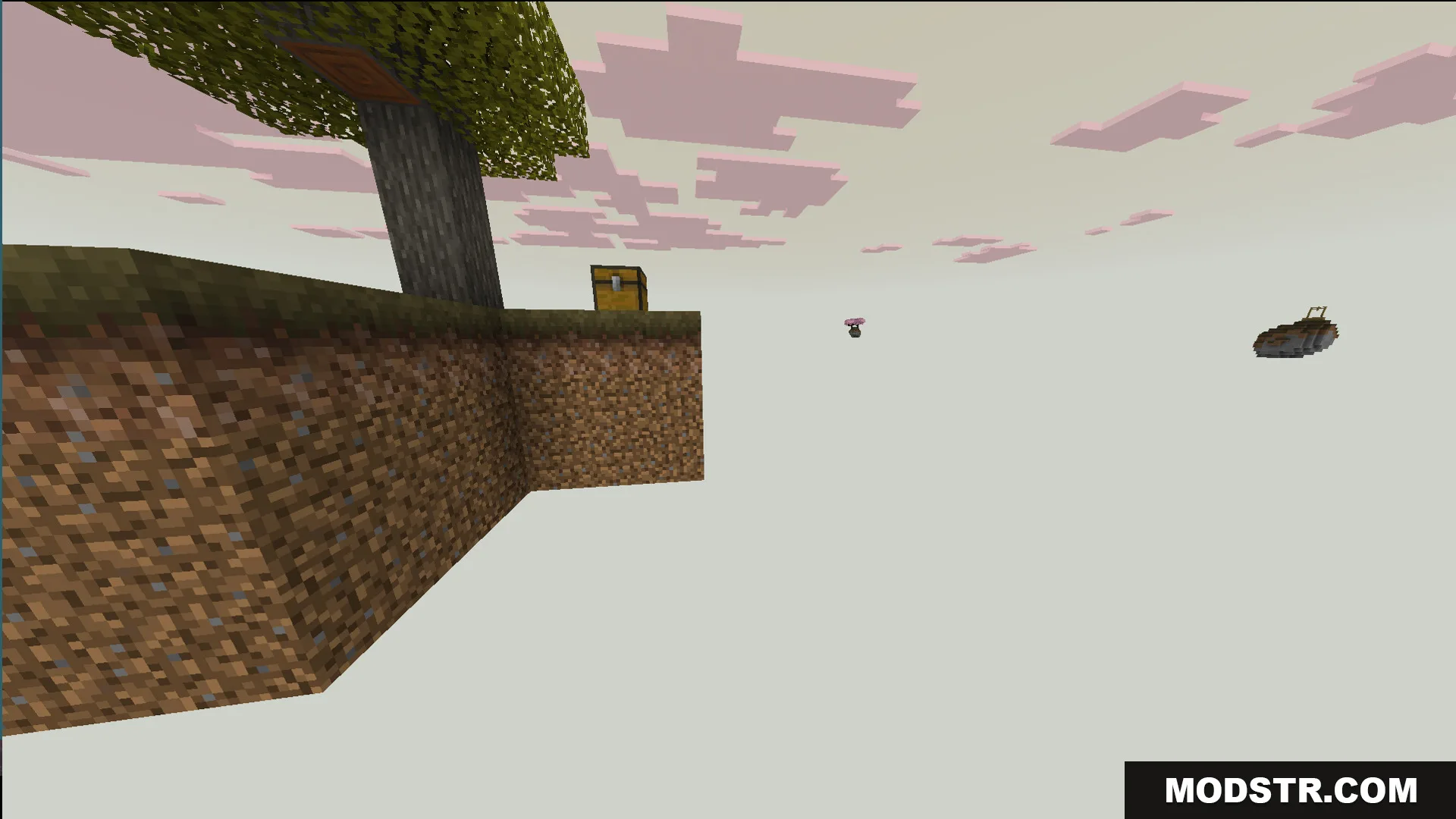 One Block Mcpower Edition Map Screenshot 5 Small floating grass island with a tree and chest under pink clouds