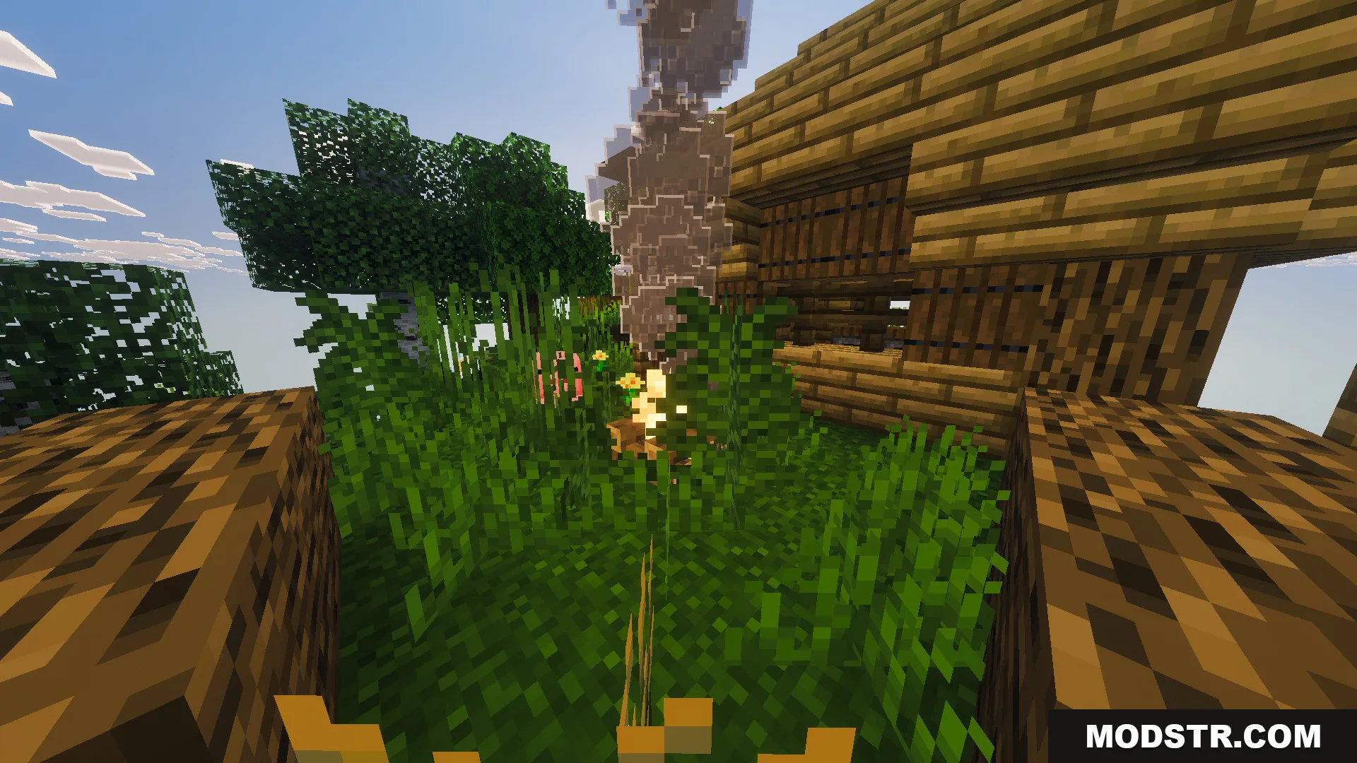 One Chunk Map Screenshot 10 Grassy area with a campfire and a wooden house in the sky