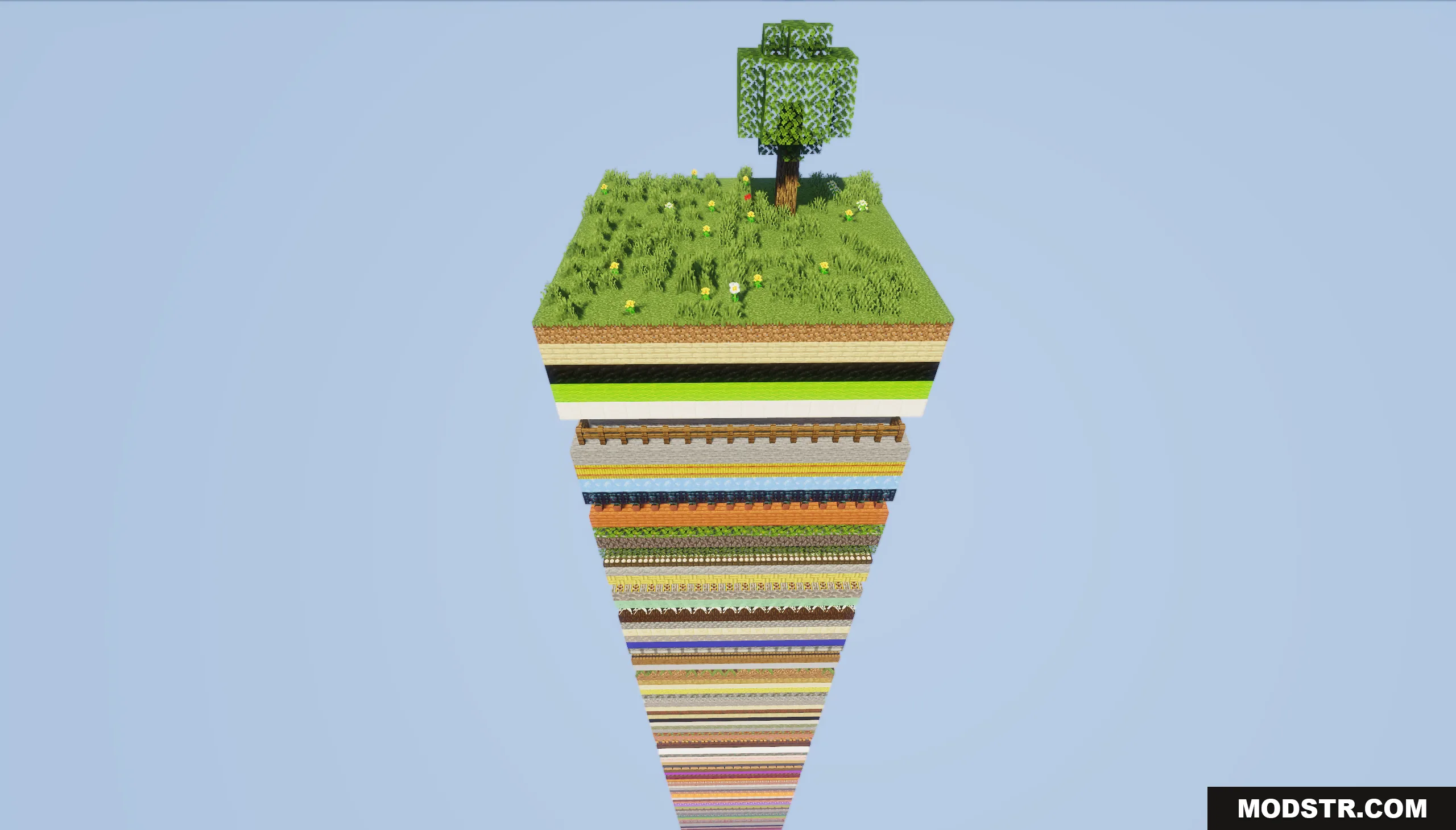 Full view of a tall floating chunk pillar made of random block layers