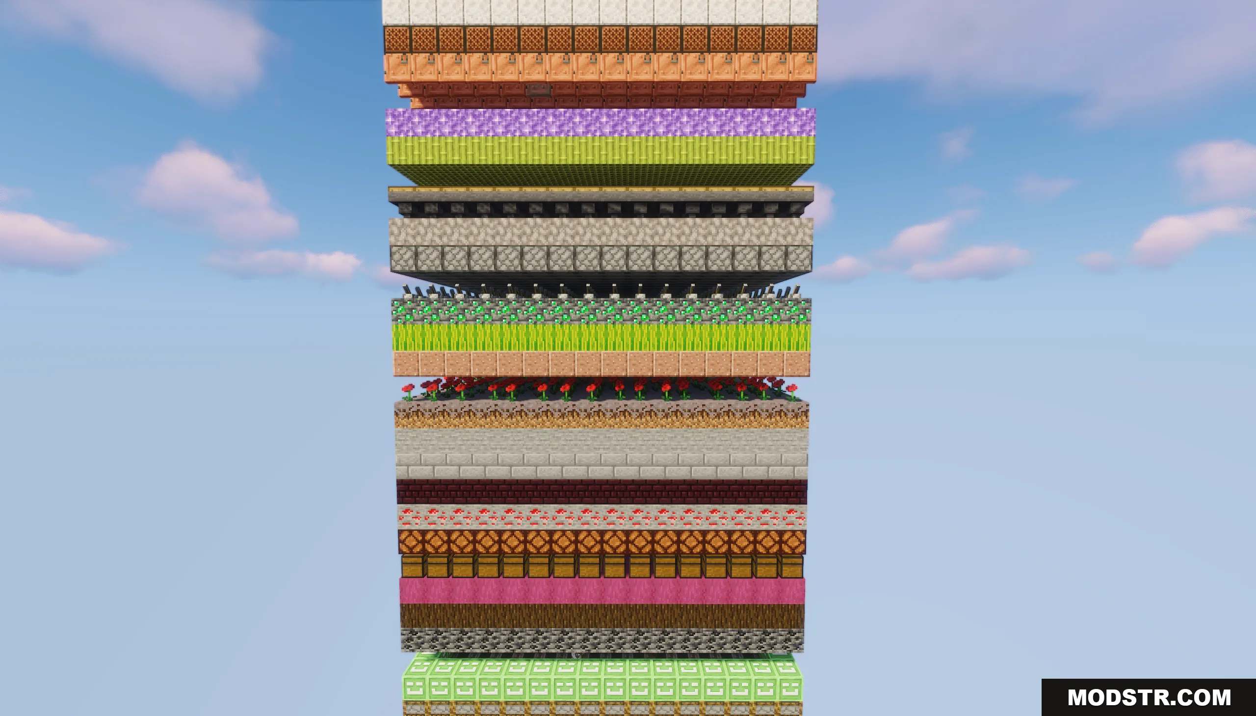 Side view of the chunk pillar revealing diverse horizontal layers of different blocks