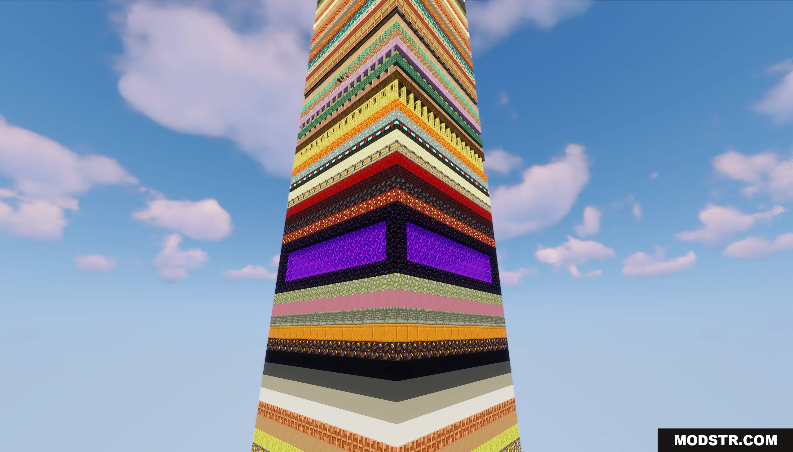 Close up view of a tall single chunk pillar featuring random block layers