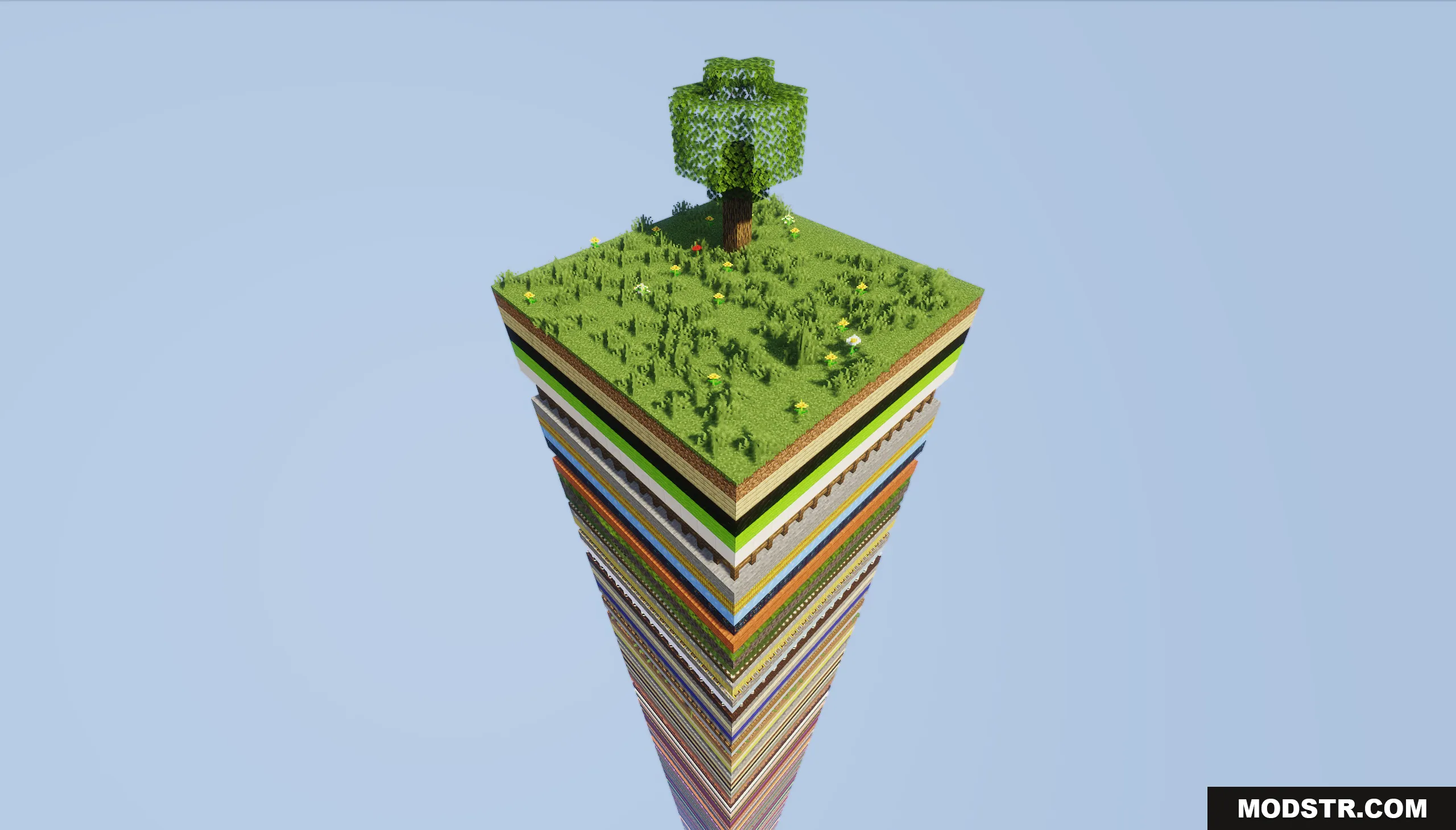 Full view of the tall chunk pillar showing various random block layers