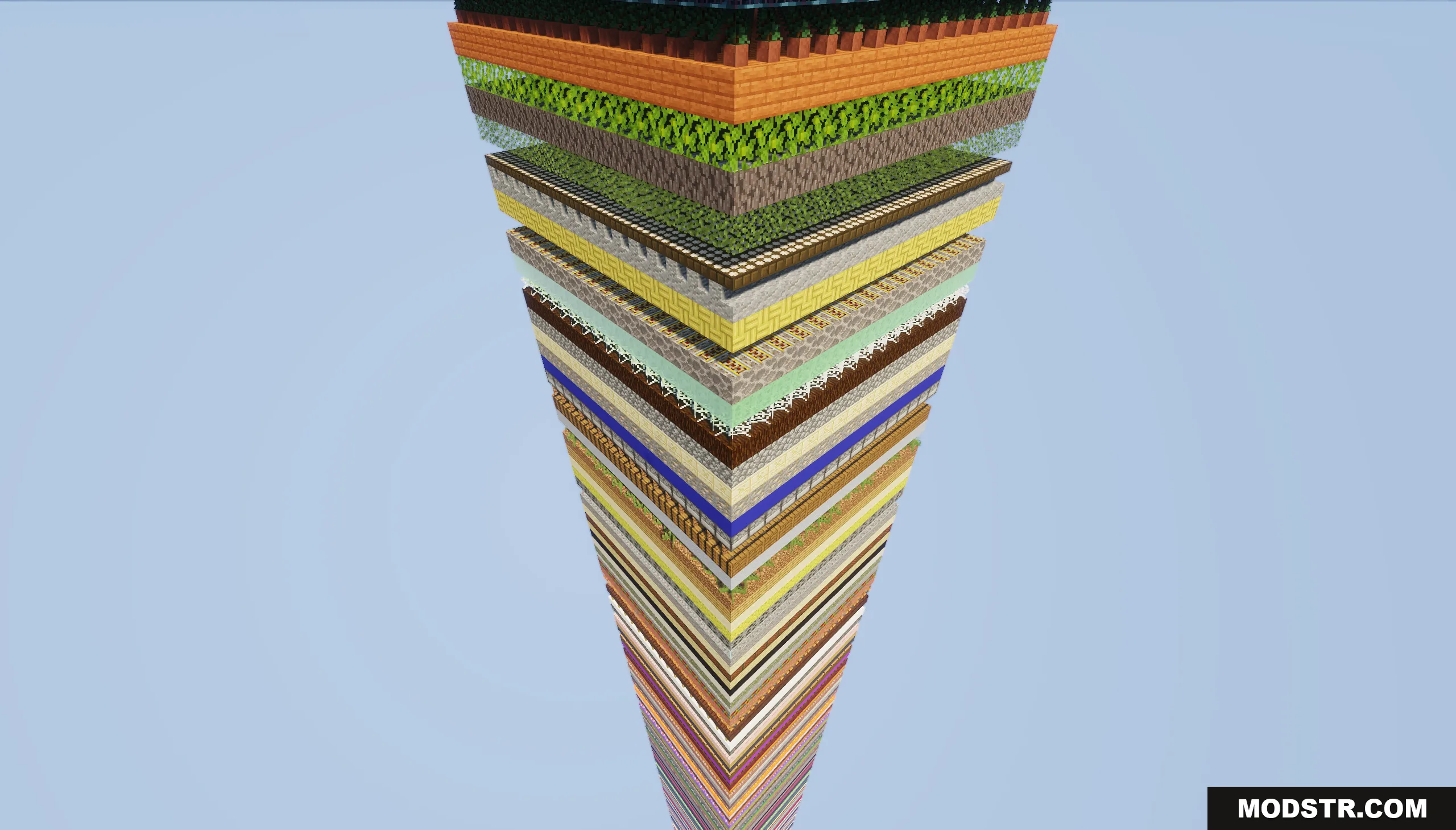 Tall vertical pillar of random Minecraft block layers floating in the sky