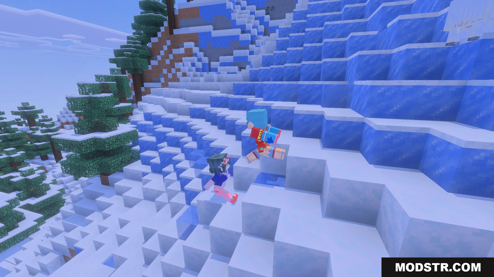 One Piece Addon Screenshot 6 Luffy and Nami running across a steep snowy mountain in the game