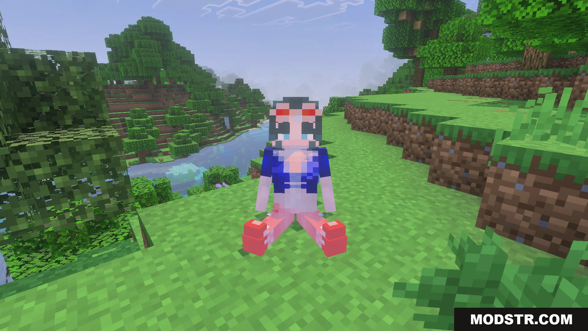 One Piece Addon Screenshot 8 A female anime crew member sitting on grass near a river bank
