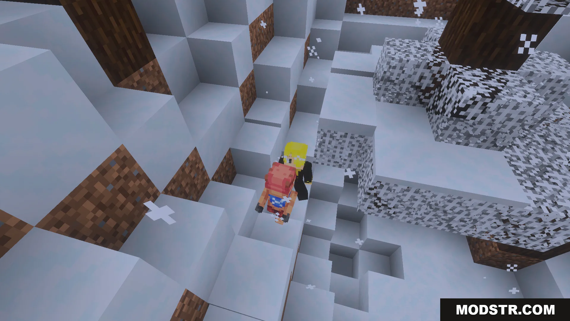 One Piece Addon Screenshot 3 One Piece crew members standing together in a snowy mountain biome in Minecraft