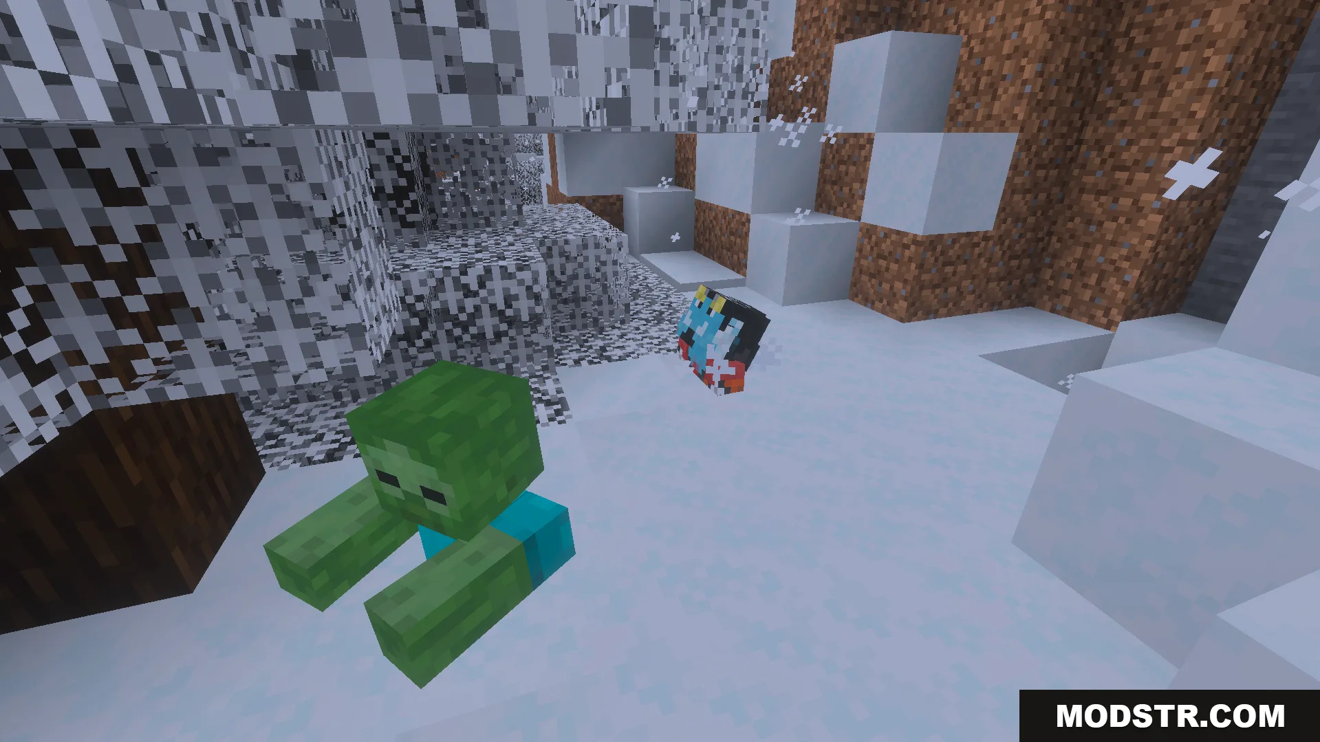 One Piece Addon Screenshot 2 Custom crew member character standing near a zombie in a snowy biome