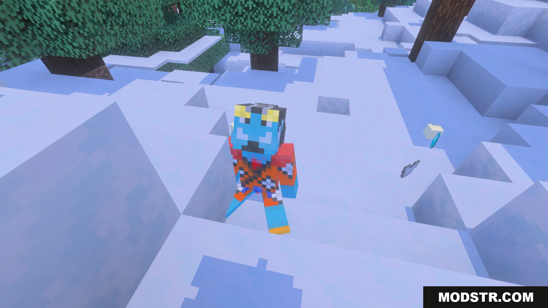 One Piece Addon Screenshot 5 Blue skinned crew member with a unique model in a snowy biome