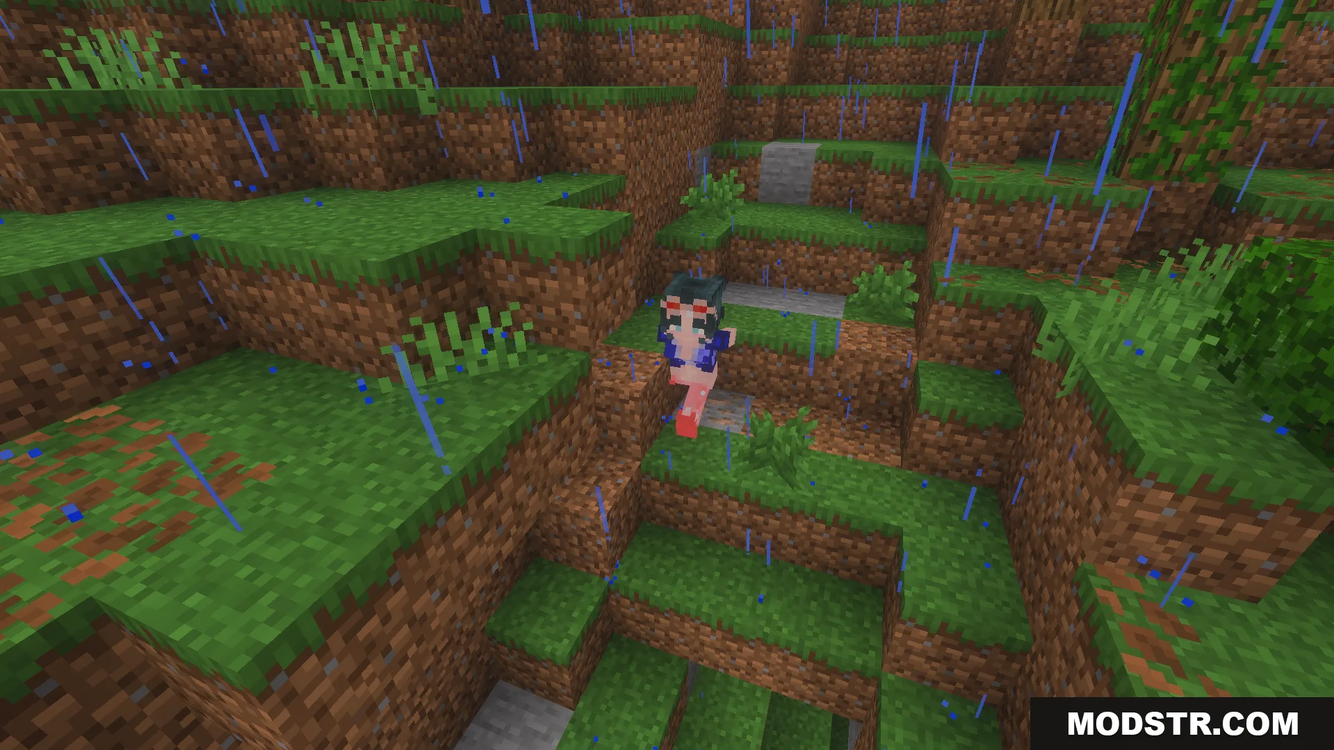 One Piece Addon Screenshot 4 Anime character running through a rainy forest biome during a storm in Minecraft
