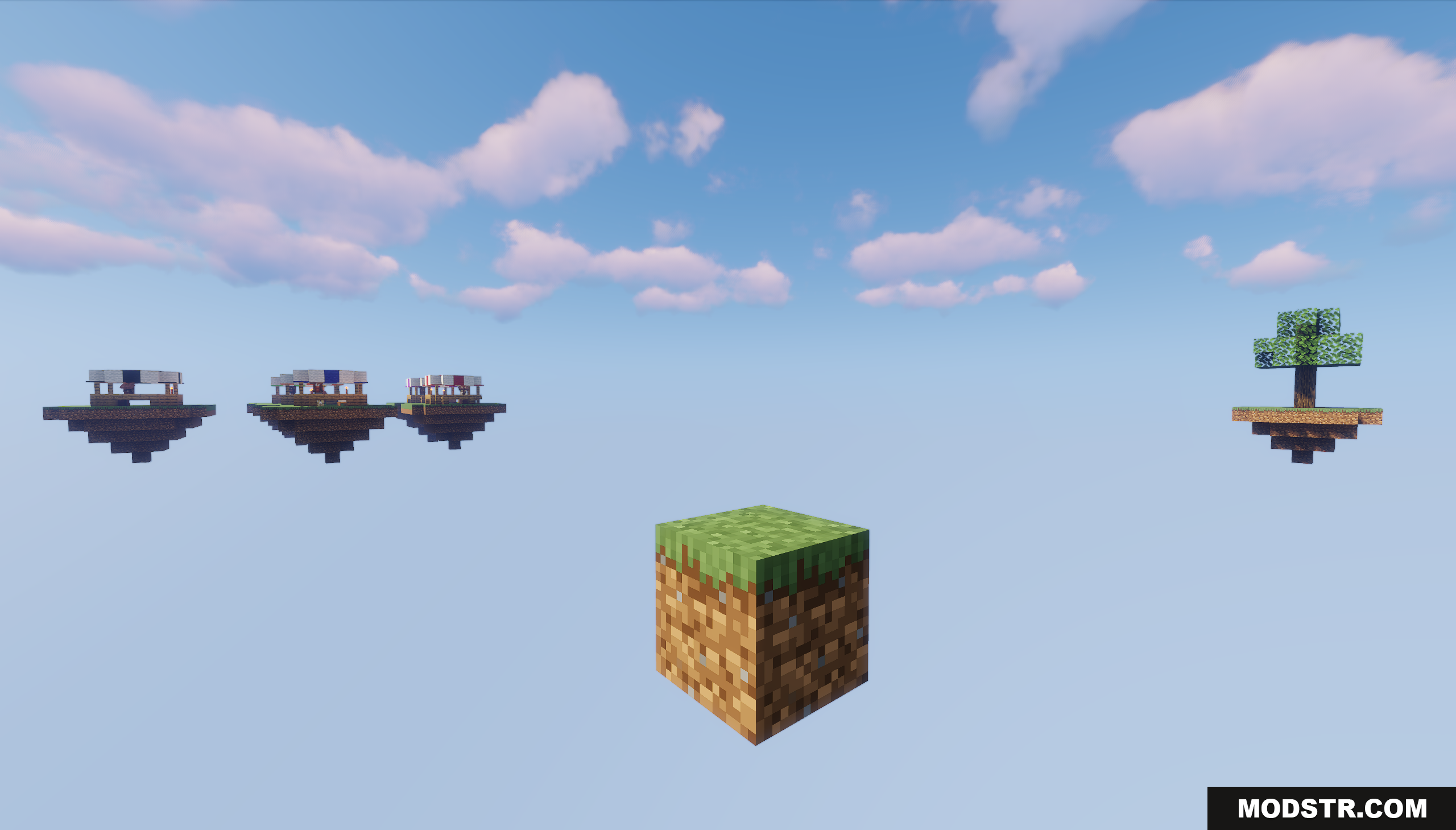 Oneblock of Dirt Map Screenshot 3 Single grass block floating near islands with stalls and trees