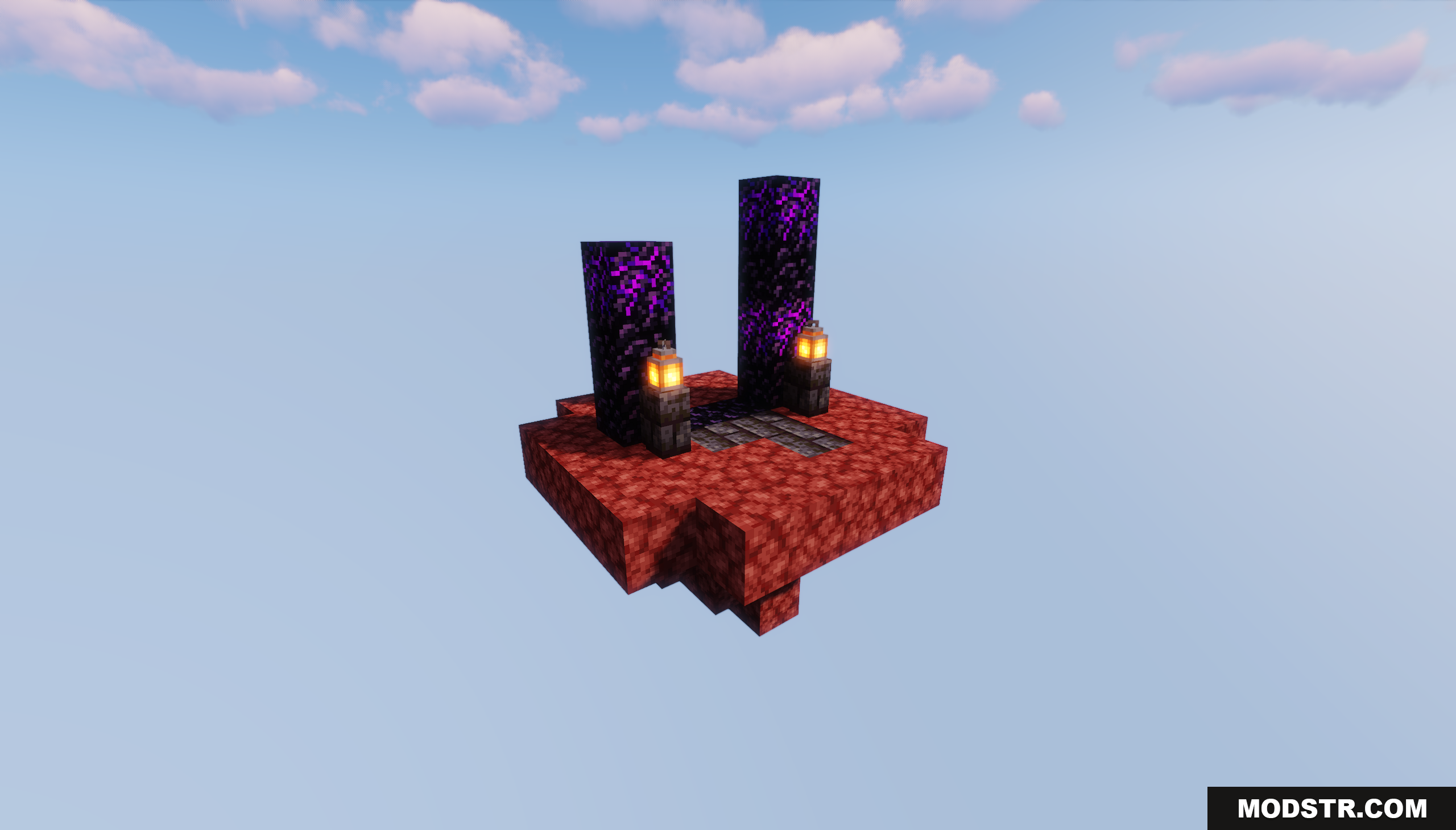 Oneblock of Dirt Map Screenshot 7 Floating netherrack island with obsidian portal pillars and glowing lanterns
