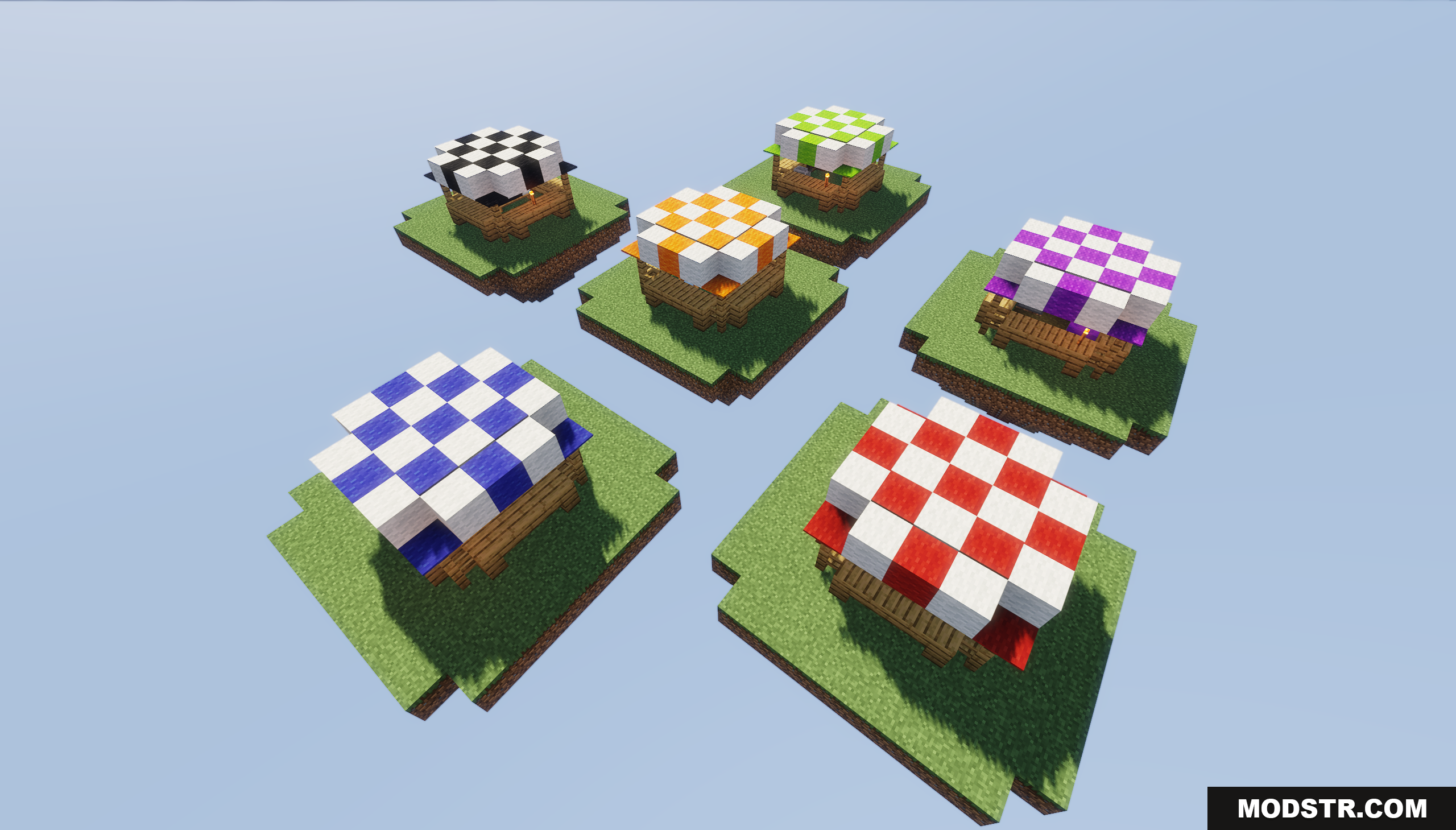 Oneblock of Dirt Map Screenshot 4 Floating islands featuring villager trading stalls with colorful checkered roofs