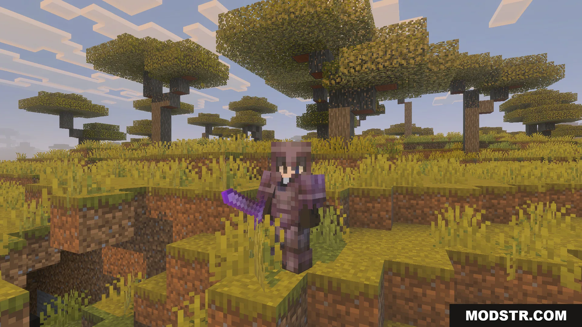 OP Loot Kit Addon Screenshot 8 Player character wearing full Netherite armor and holding an enchanted sword in savanna