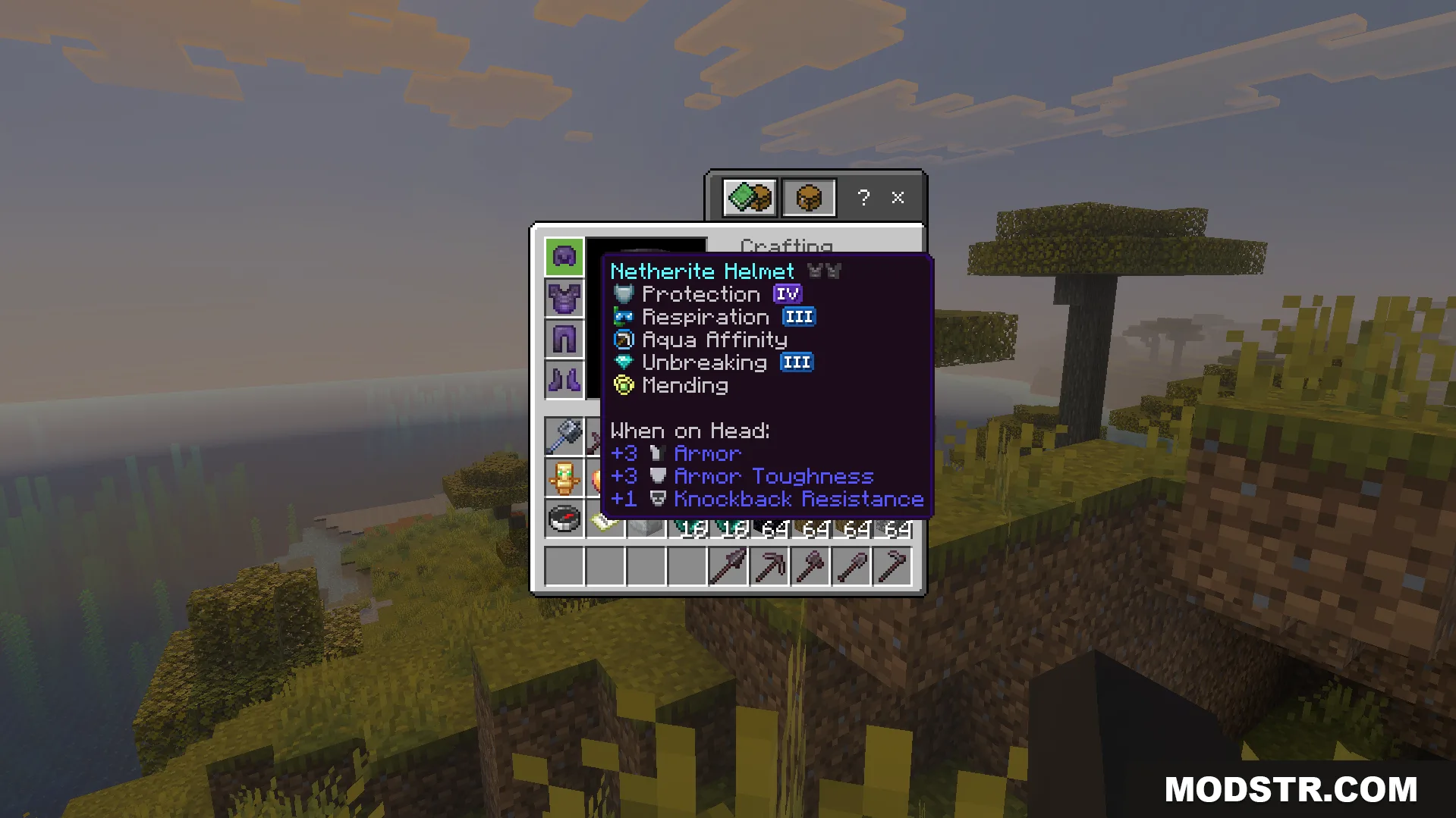 OP Loot Kit Addon Screenshot 6 Enchanted Netherite helmet tooltip showing high level enchantments in the player inventory
