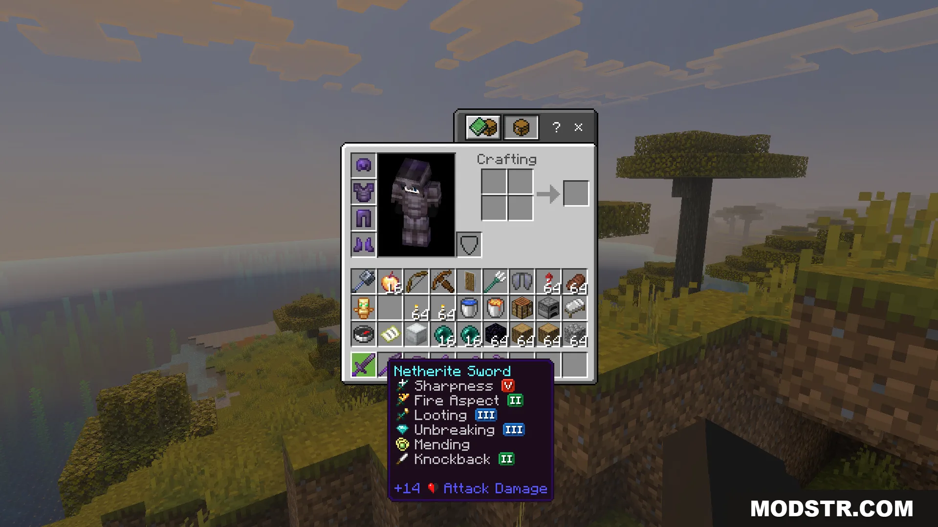 OP Loot Kit Addon Screenshot 7 Inventory displaying full Netherite gear and enchanted weapons from OP Loot Kit Addon