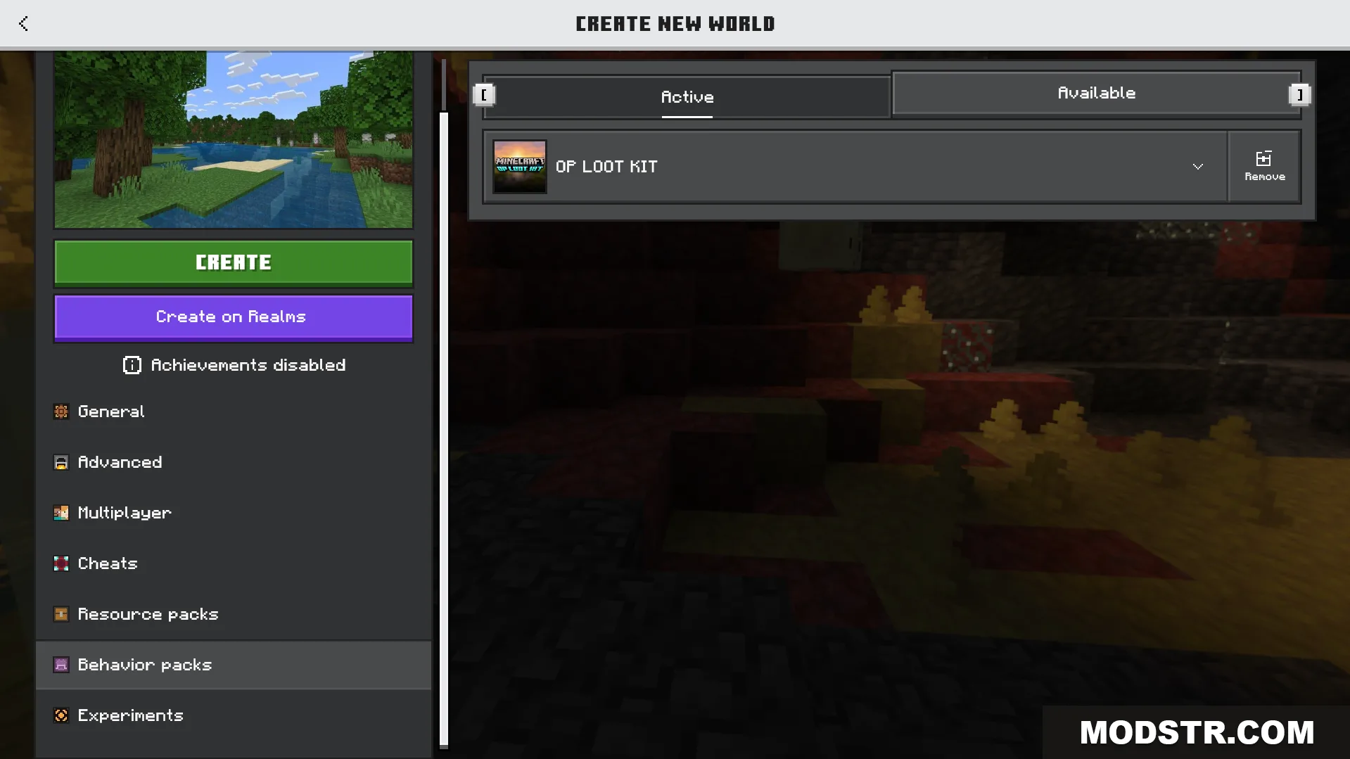 OP Loot Kit Addon Screenshot 1 Activating the OP Loot Kit behavior pack in the create new world menu