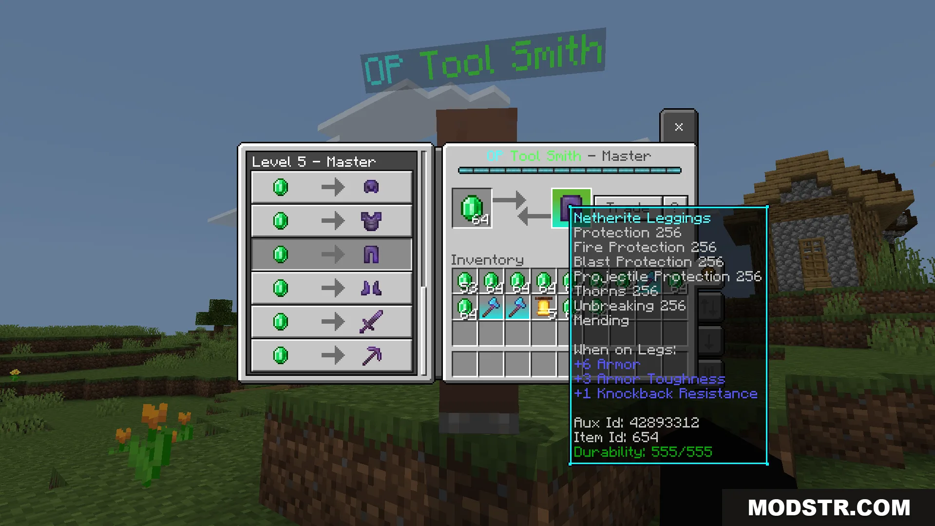 Trading with a custom tool smith for powerful Netherite leggings