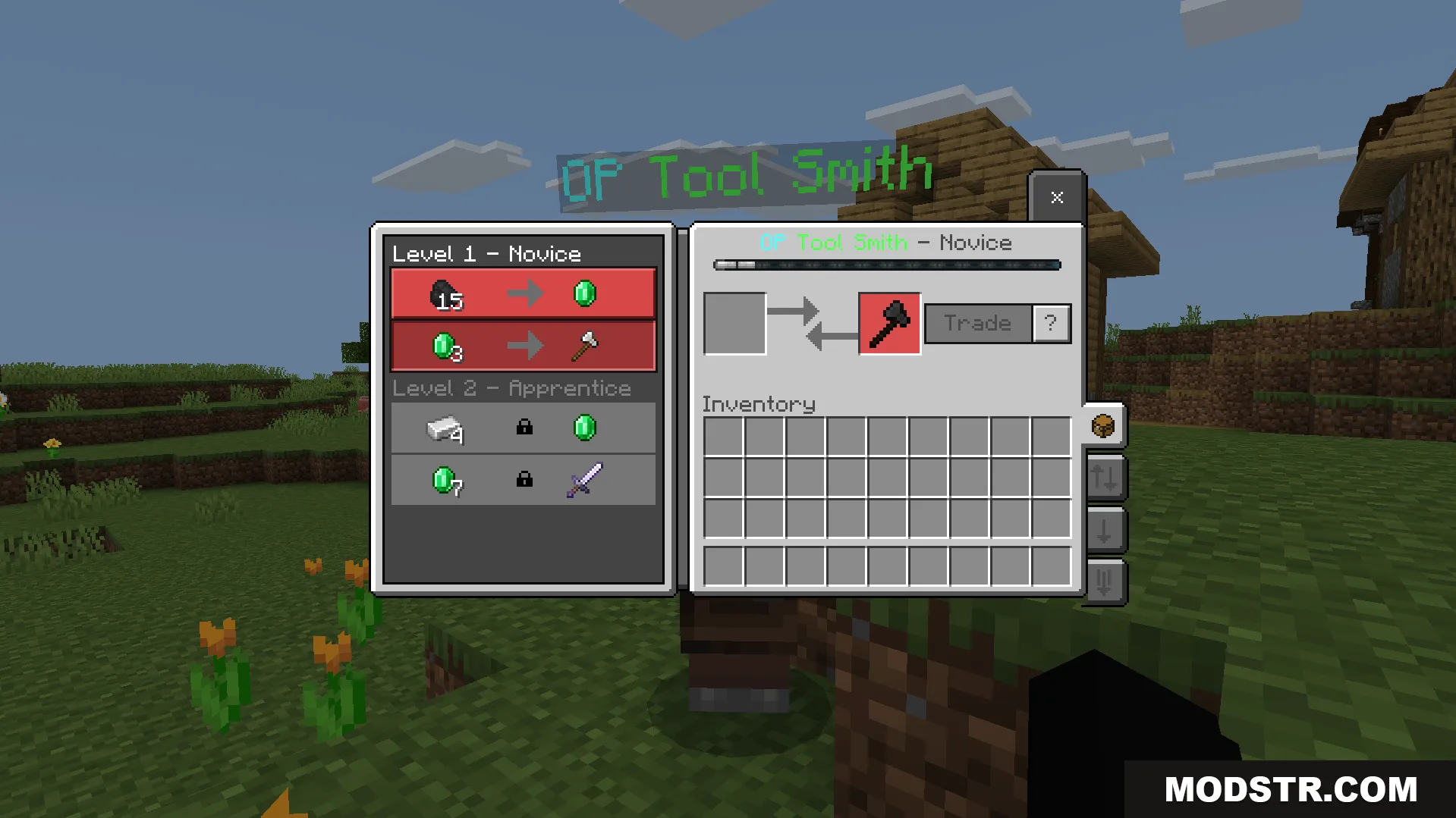 Trading with the custom tool smith for basic tools and emeralds