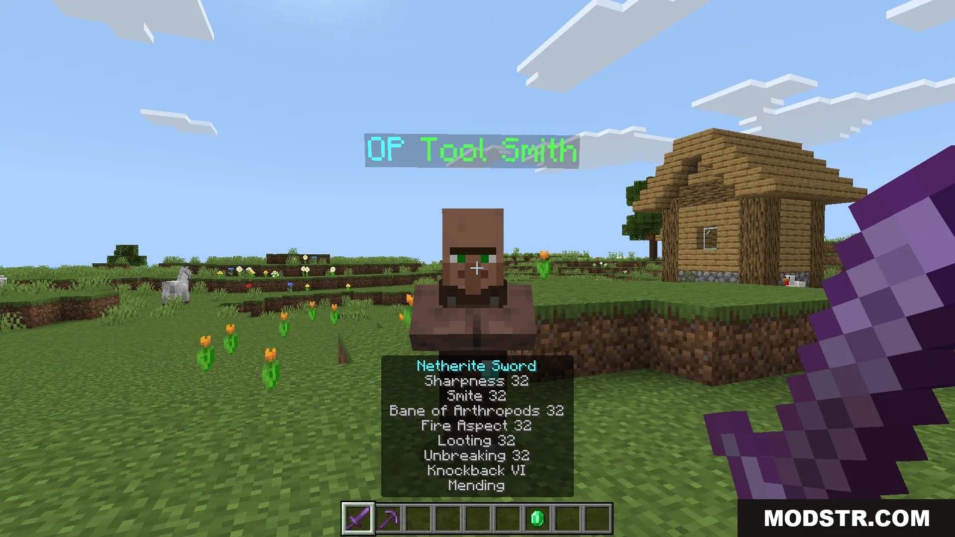 A custom villager offers a sword with extremely powerful level 32 enchantments