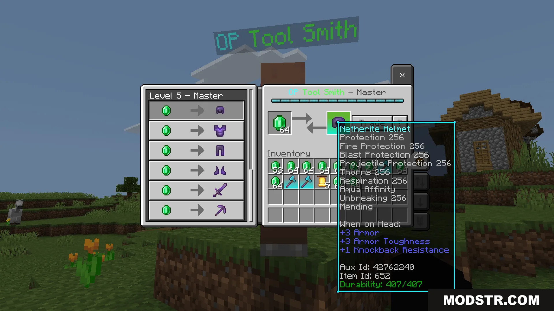 The master smith trades for an overpowered enchanted Netherite helmet