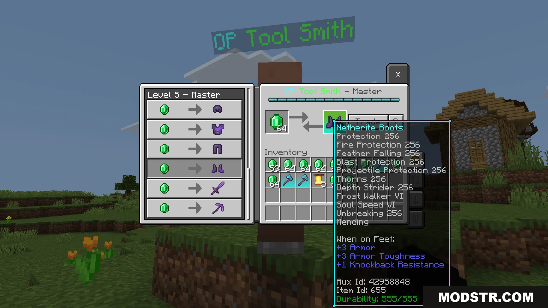 A special villager offers powerful enchanted Netherite boots for trade