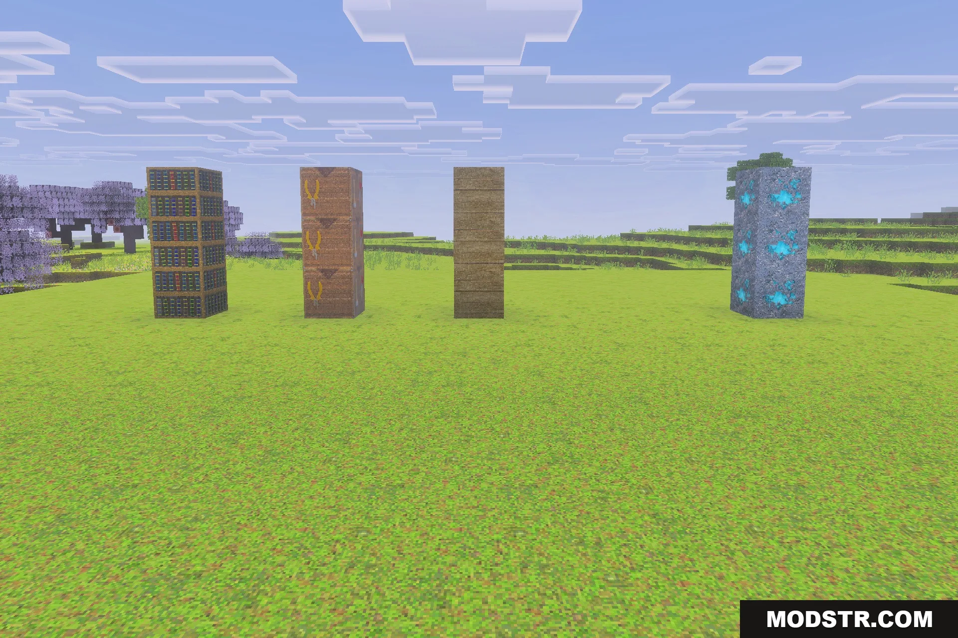 Optimum Realism for Bedrock Edition Texture Pack Screenshot 4 Showcase of realistic PBR block textures including bookshelves and glowing diamond ore
