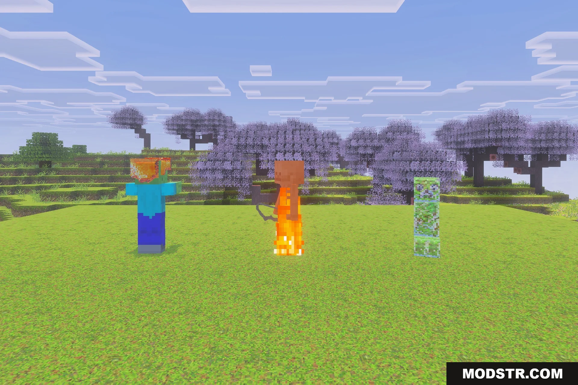 Optimum Realism for Bedrock Edition Texture Pack Screenshot 2 A zombie burning skeleton and creeper standing on a grassy field