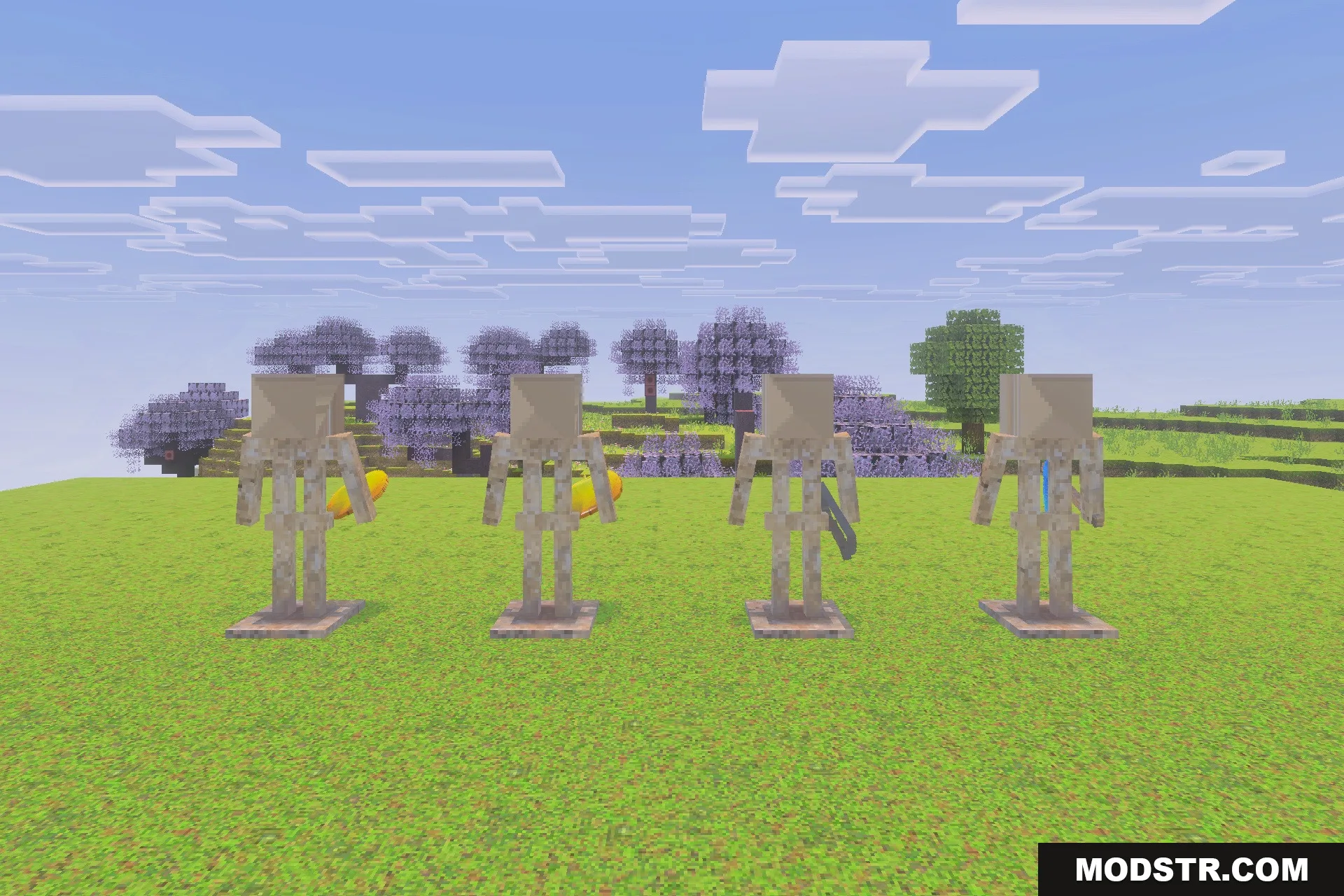 Optimum Realism for Bedrock Edition Texture Pack Screenshot 5 Four armor stands wearing iron armor and holding items near cherry trees
