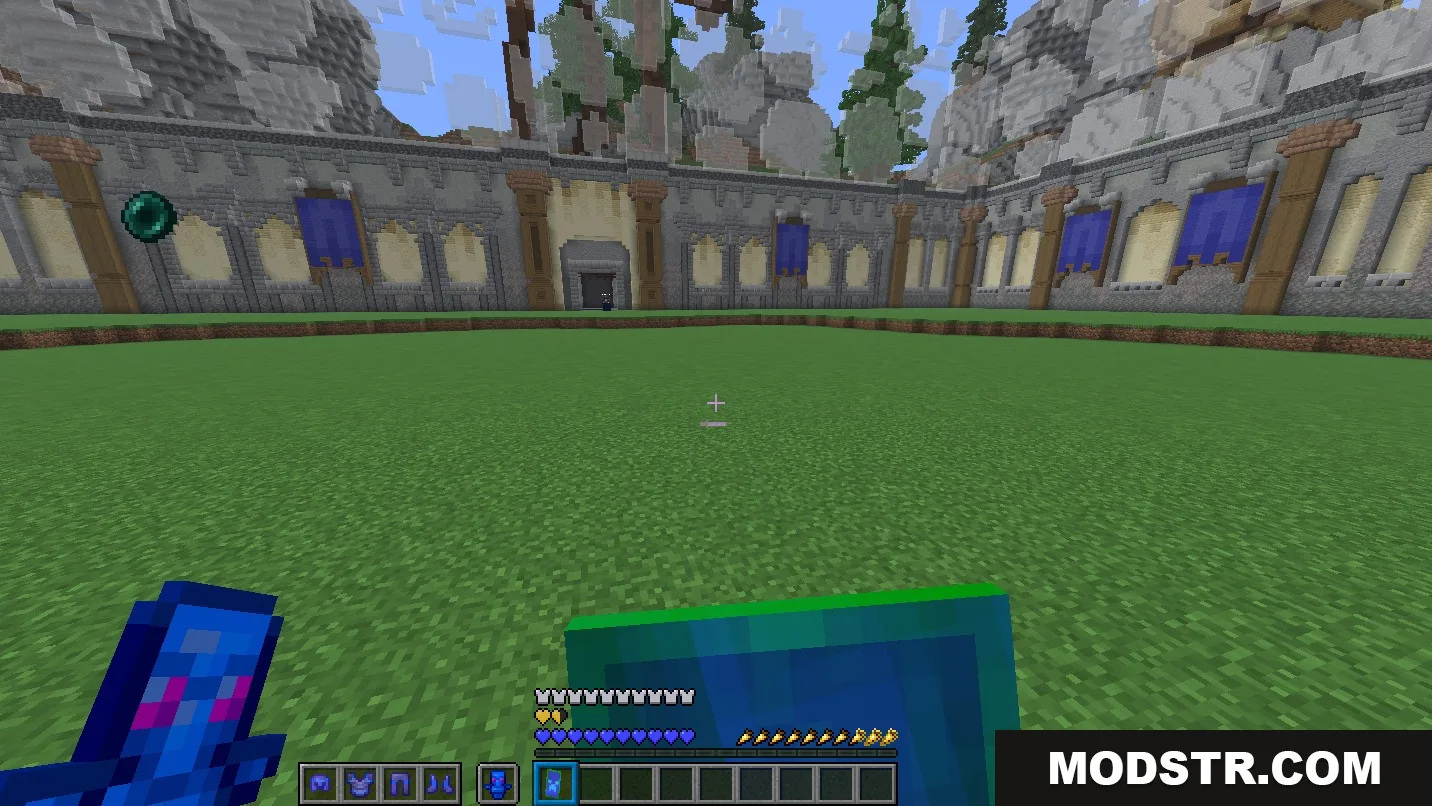 Oratot's PVP Resource Pack Screenshot 4 Player holds an ender pearl and a totem in a large arena