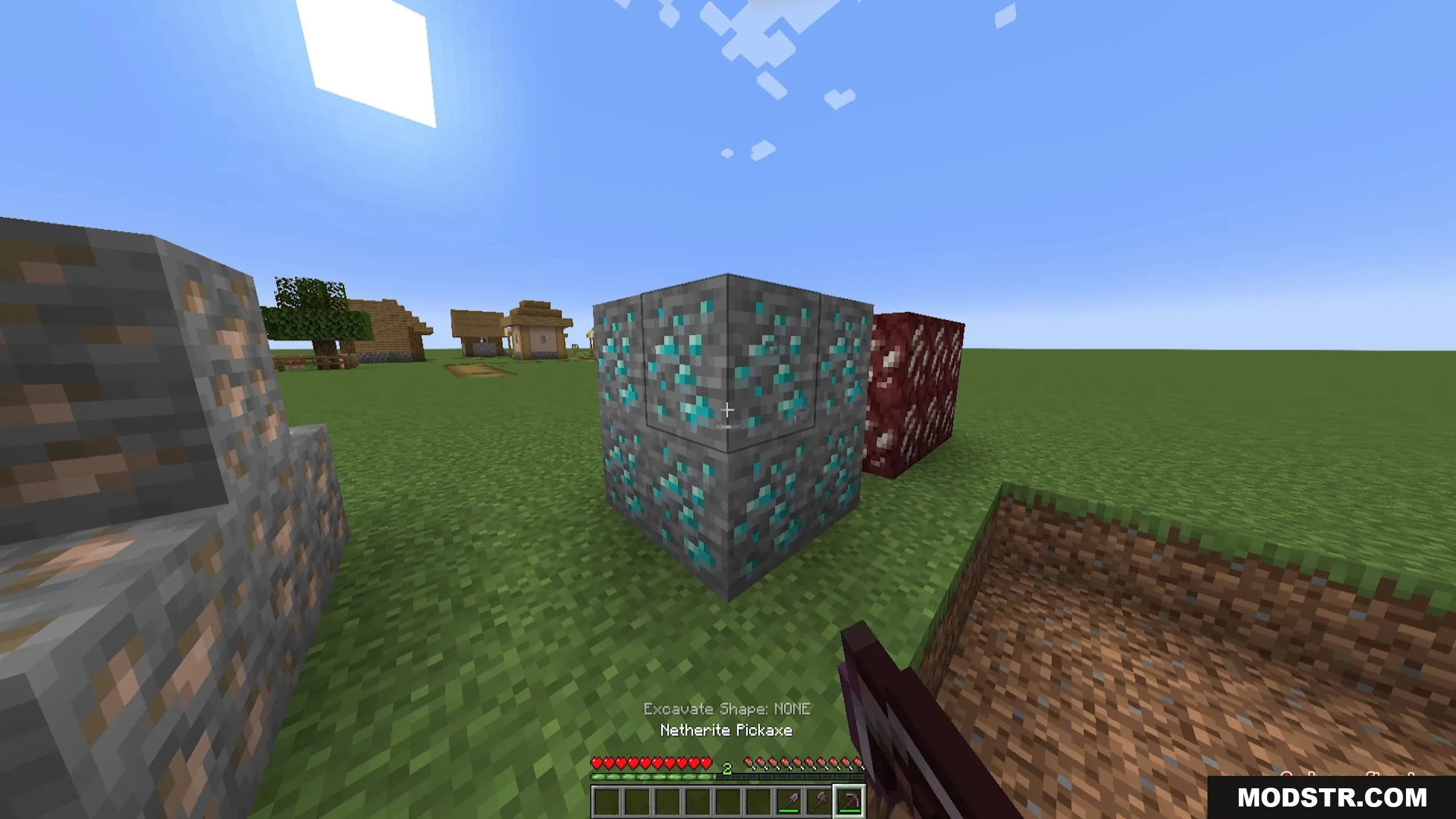 Ore Excavation 9minecraft Mod Screenshot 14 A player aims a Netherite Pickaxe at a large block of diamond ore