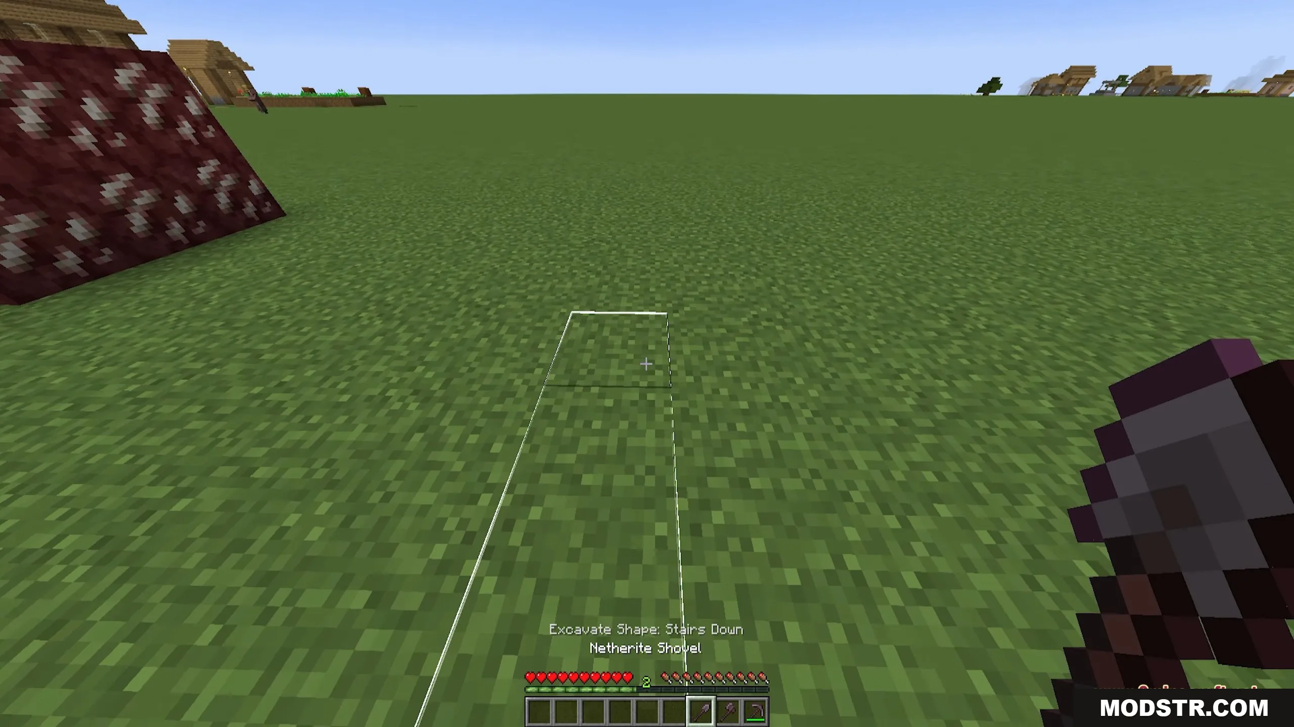 Ore Excavation 9minecraft Mod Screenshot 10 Player views a wireframe outline for digging stairs with a netherite shovel