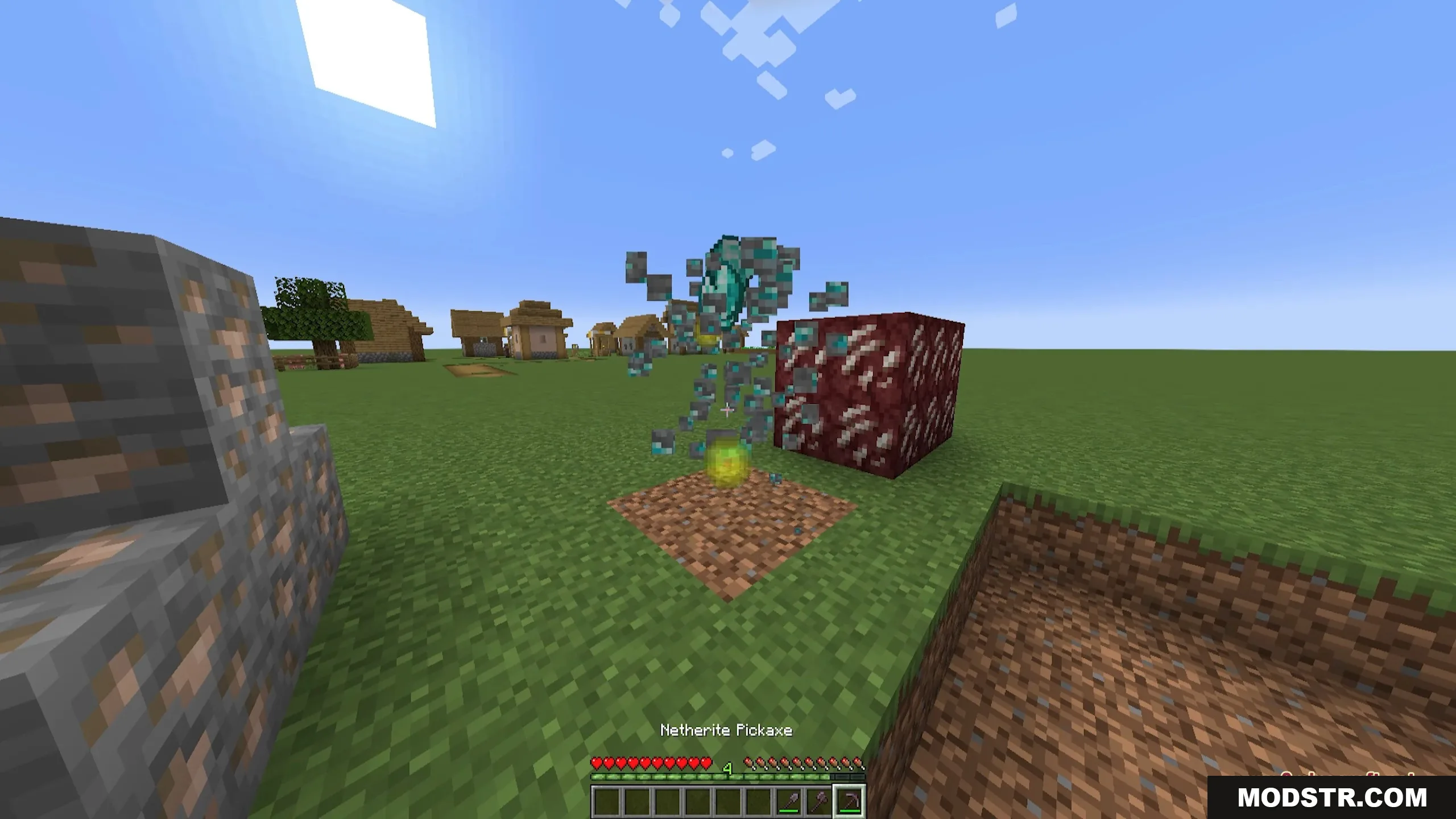 Ore Excavation 9minecraft Mod Screenshot 15 A player mines a cluster of ore blocks simultaneously with a netherite pickaxe