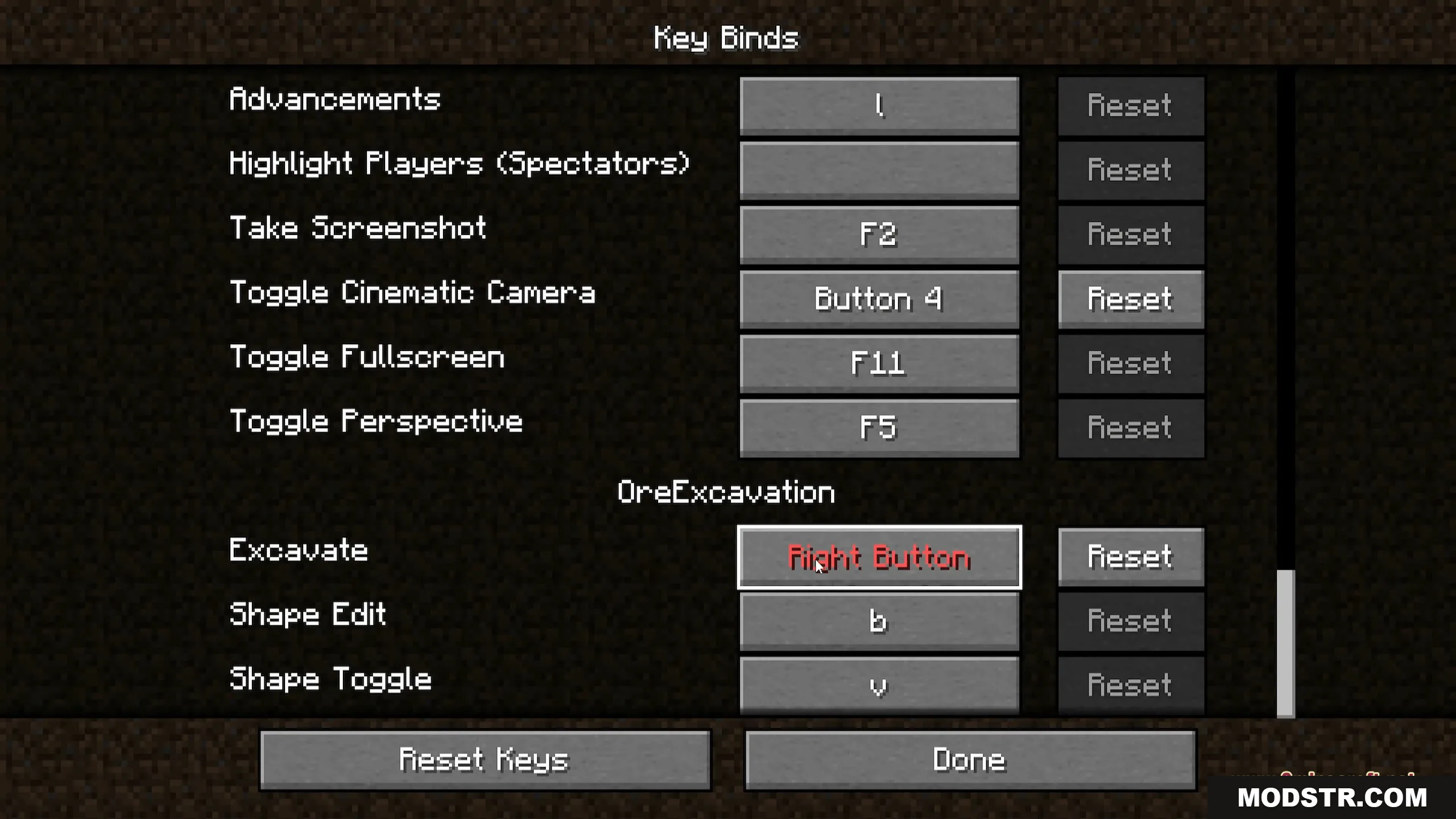 Ore Excavation 9minecraft Mod Screenshot 1 The key binds menu displays settings for the Ore Excavation mod features
