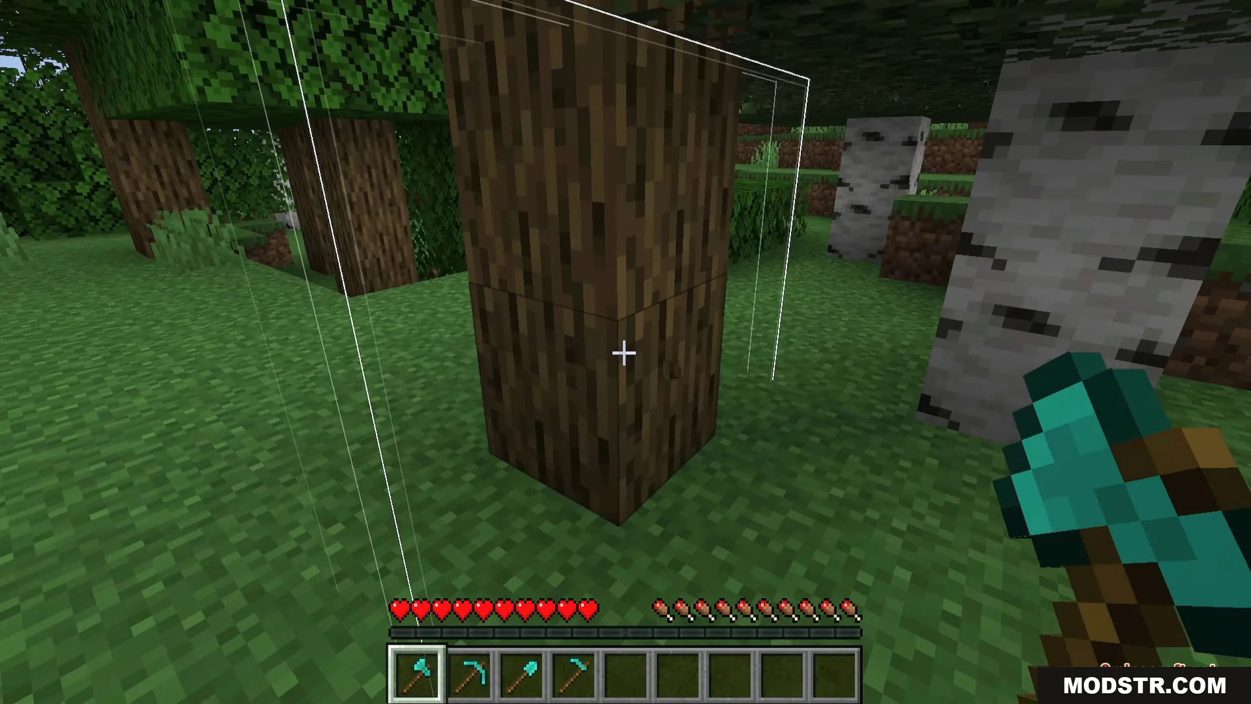 Ore Excavation 9minecraft Mod Screenshot 4 Player holding a diamond axe looking at a tree with white wireframe outlines