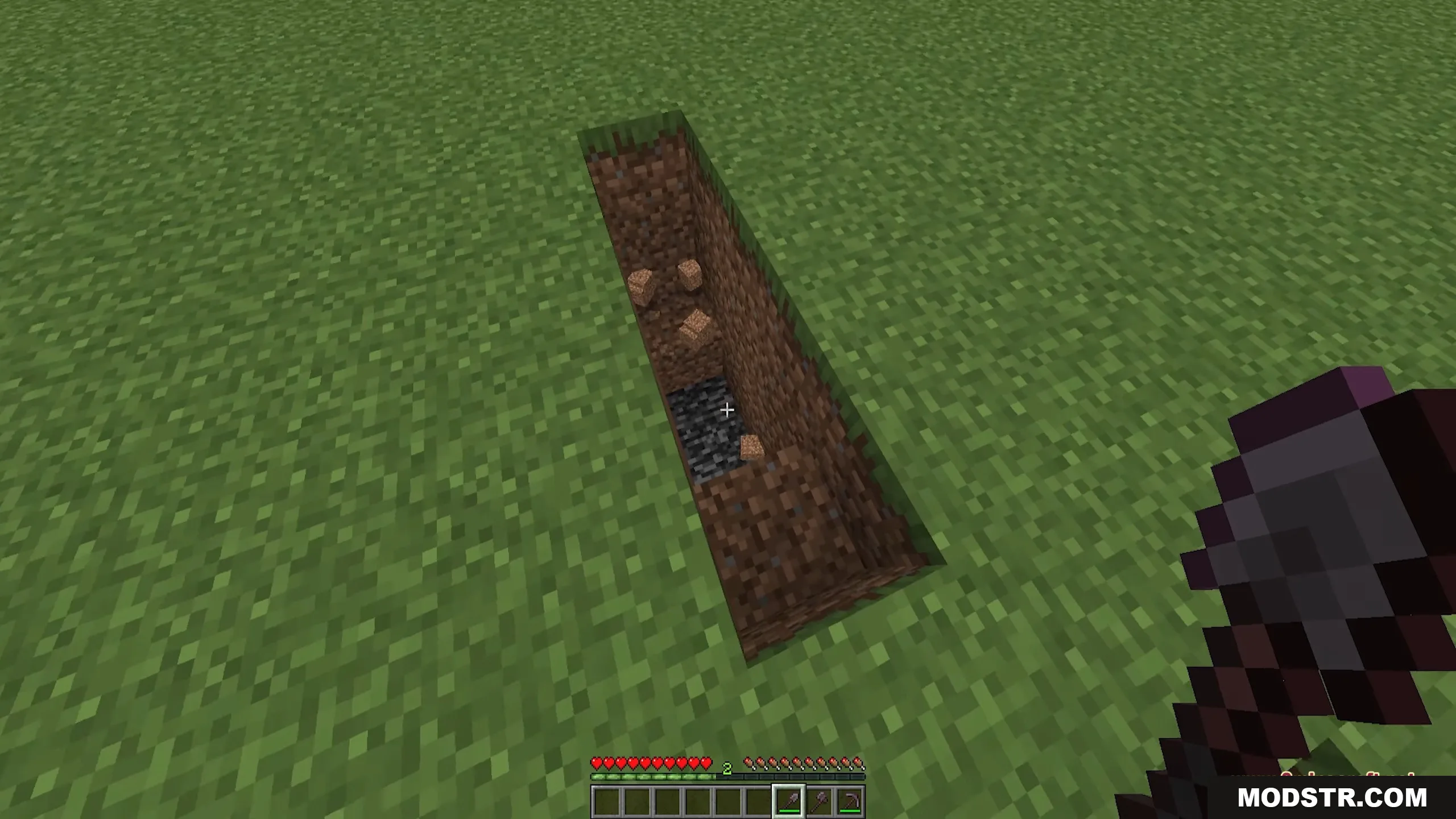 Ore Excavation 9minecraft Mod Screenshot 11 A player looks down into a deep hole reaching bedrock with a shovel