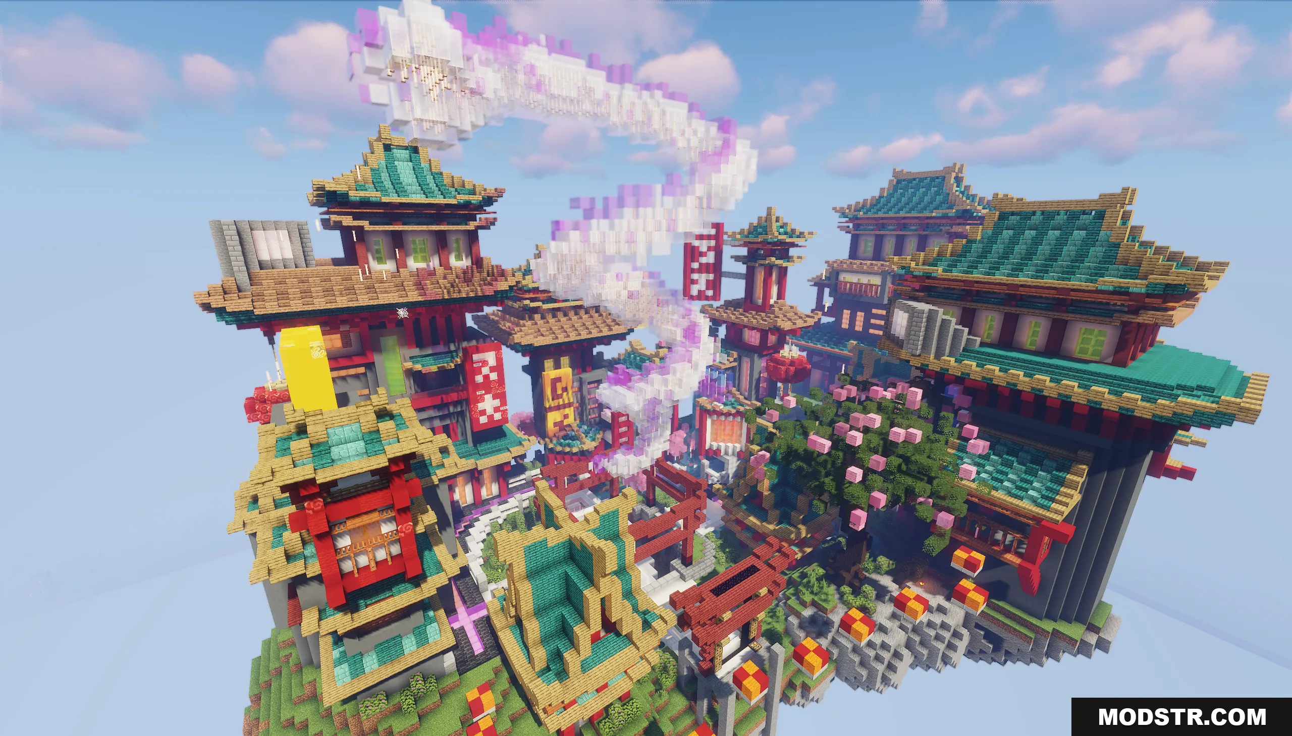 Orient Punk Map Screenshot 1 A massive floating island featuring traditional Oriental buildings and a mystical dragon trail