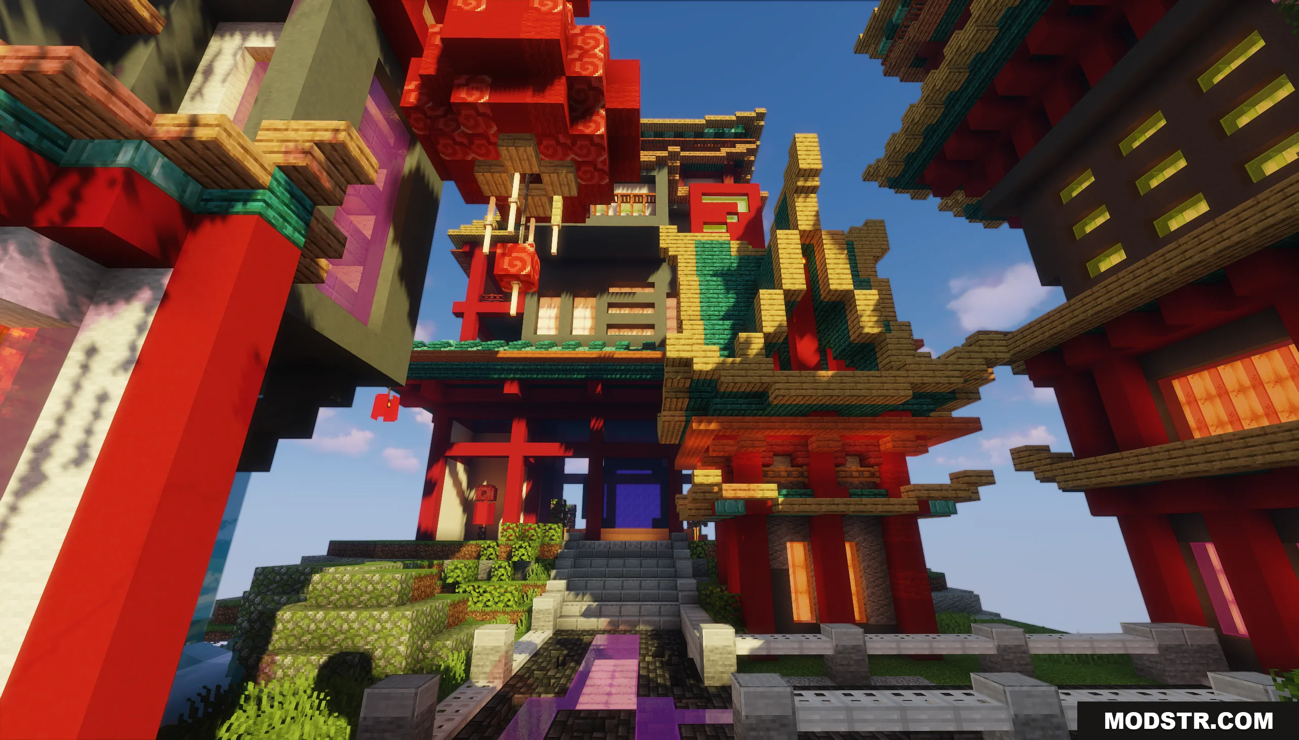 Orient Punk Map Screenshot 9 Vibrant Oriental architecture with red pillars and green roofs in a Minecraft world