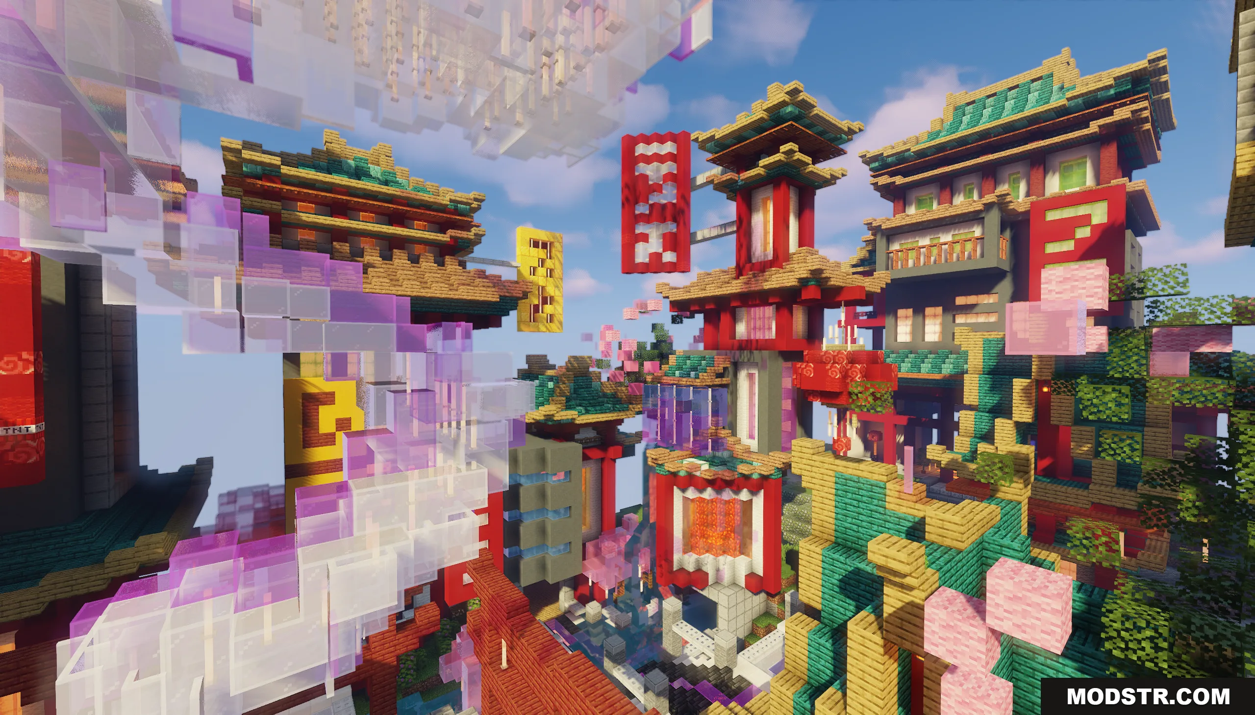 Orient Punk Map Screenshot 6 Translucent purple structures wind through a dense city of colorful Minecraft pagodas