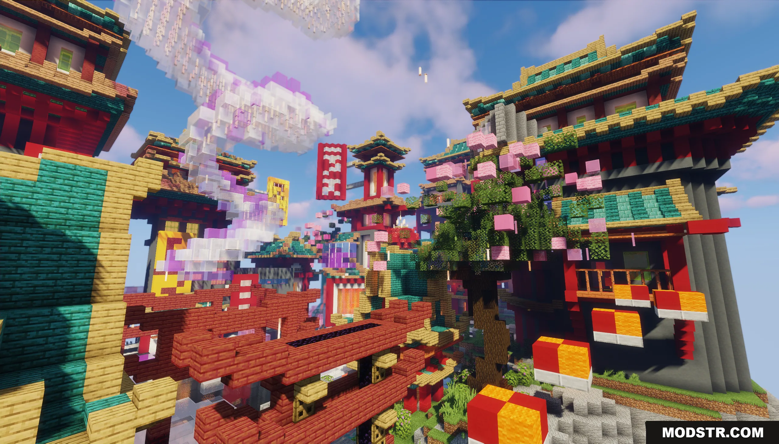 Orient Punk Map Screenshot 5 Vibrant Minecraft city featuring traditional East Asian architecture and cherry blossom trees