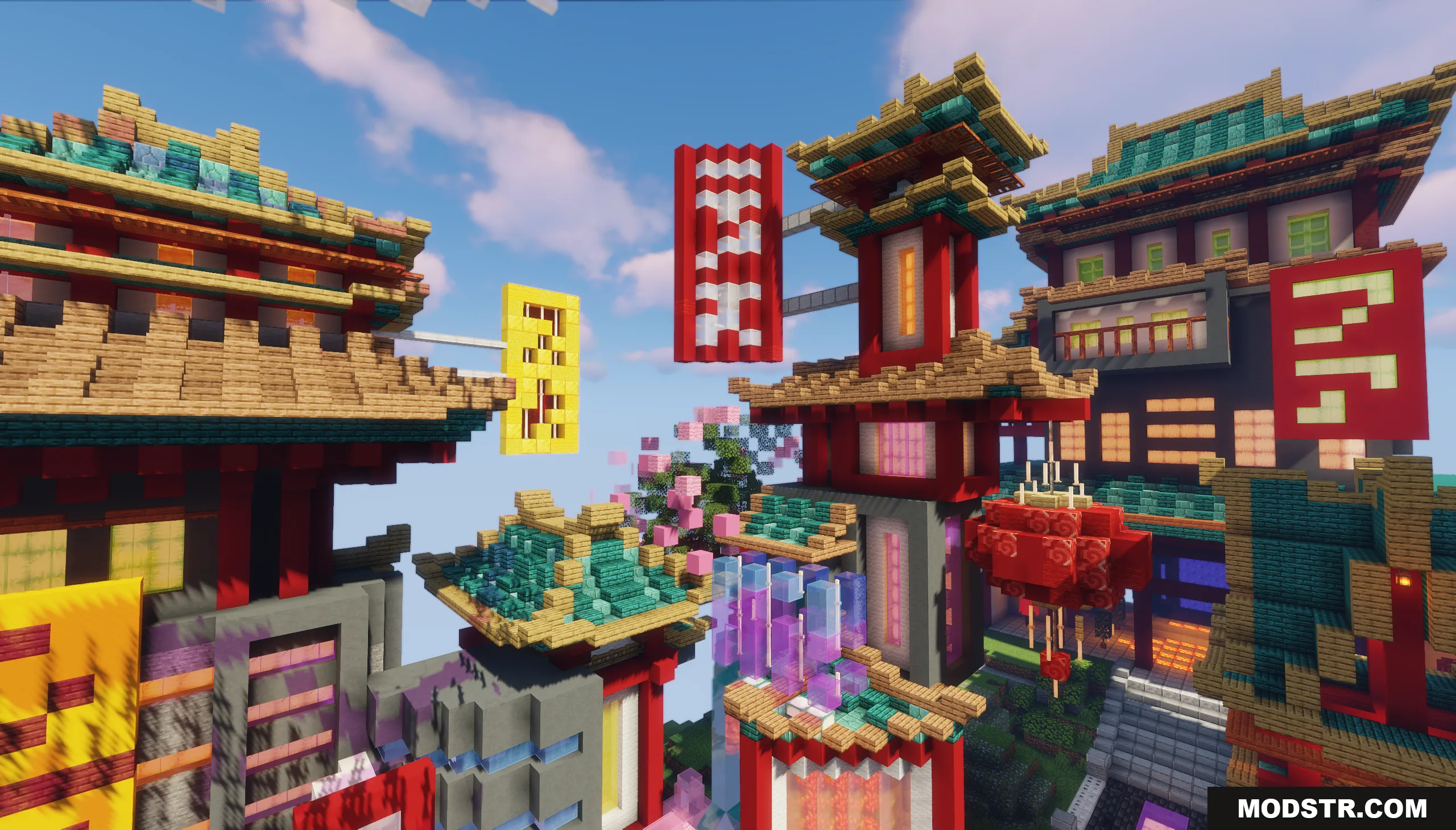 Orient Punk Map Screenshot 2 Detailed view of traditional Oriental architecture with red banners and glowing lanterns