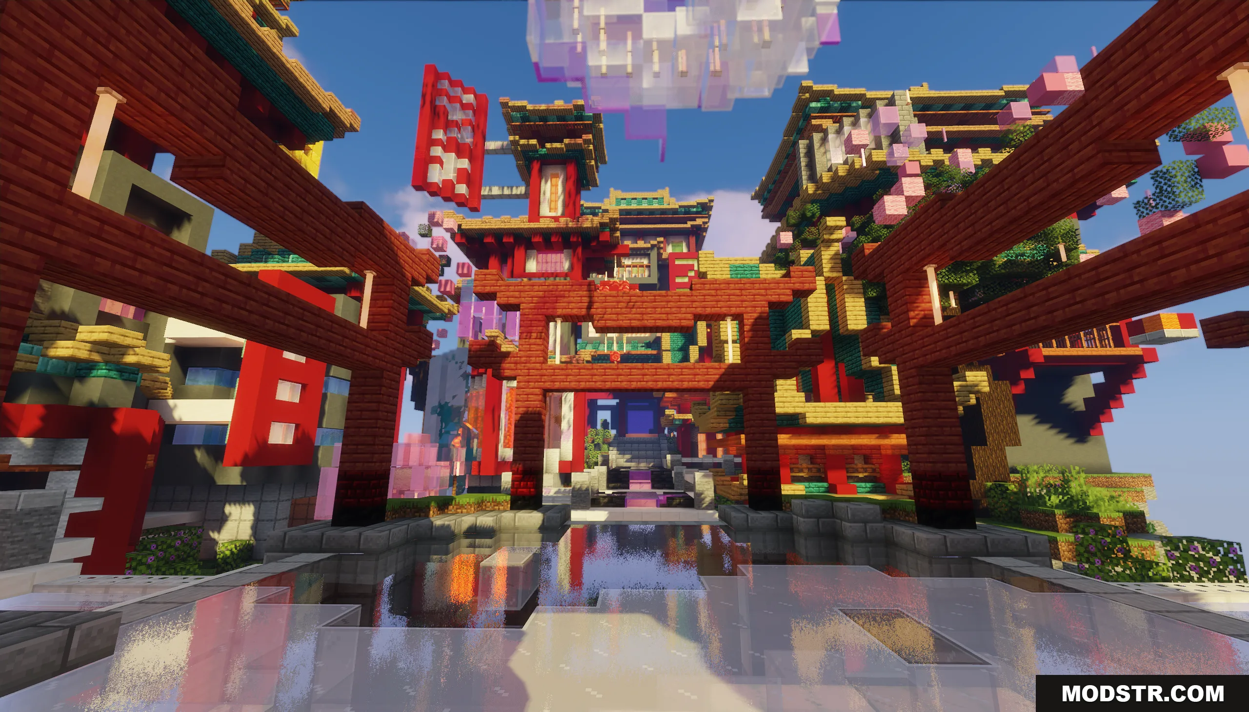 Orient Punk Map Screenshot 7 Large red torii gates stand before colorful Asian style buildings in Minecraft