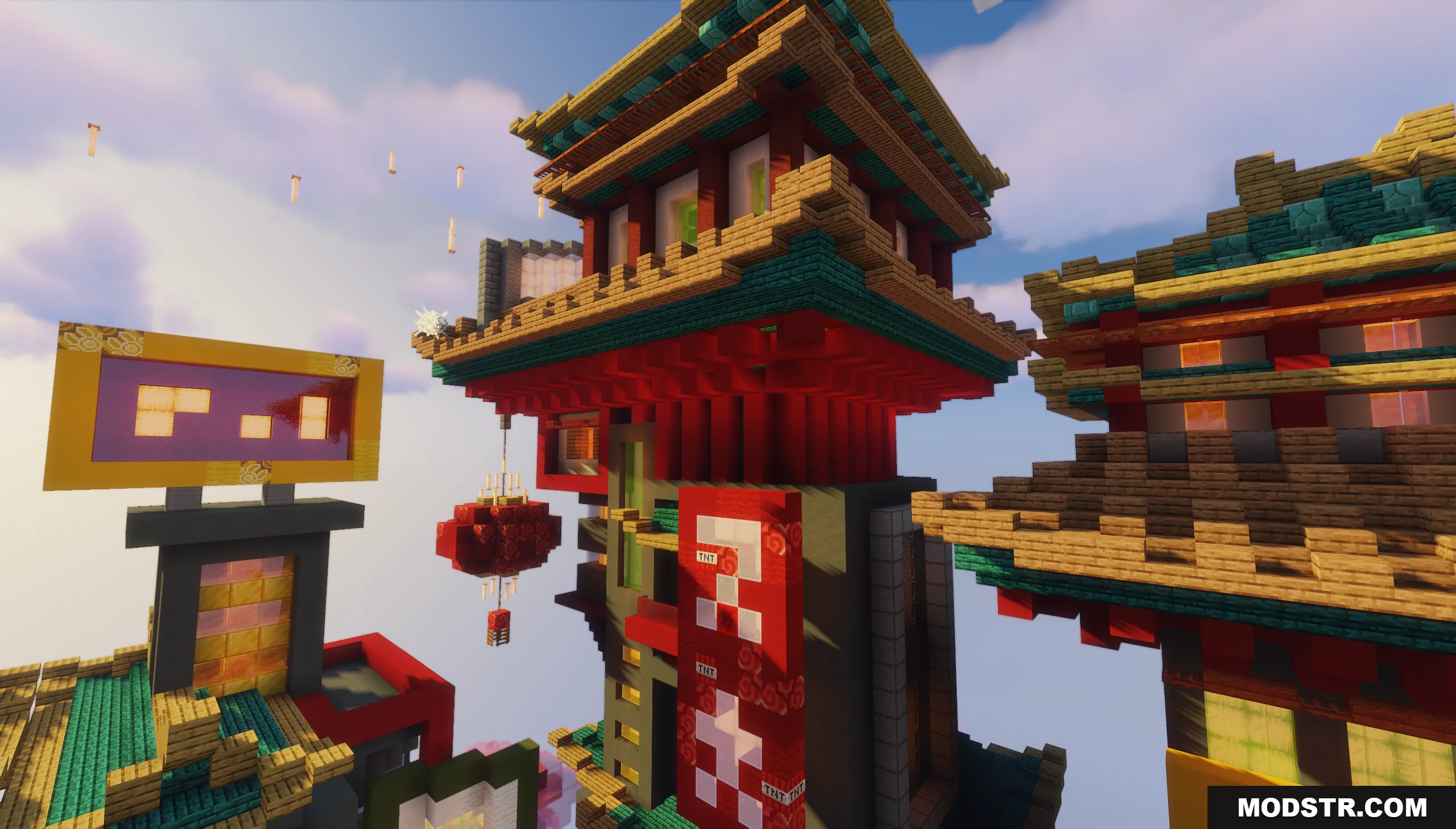 Orient Punk Map Screenshot 8 Detailed view of multi layered Asian structures with bright signs and lanterns