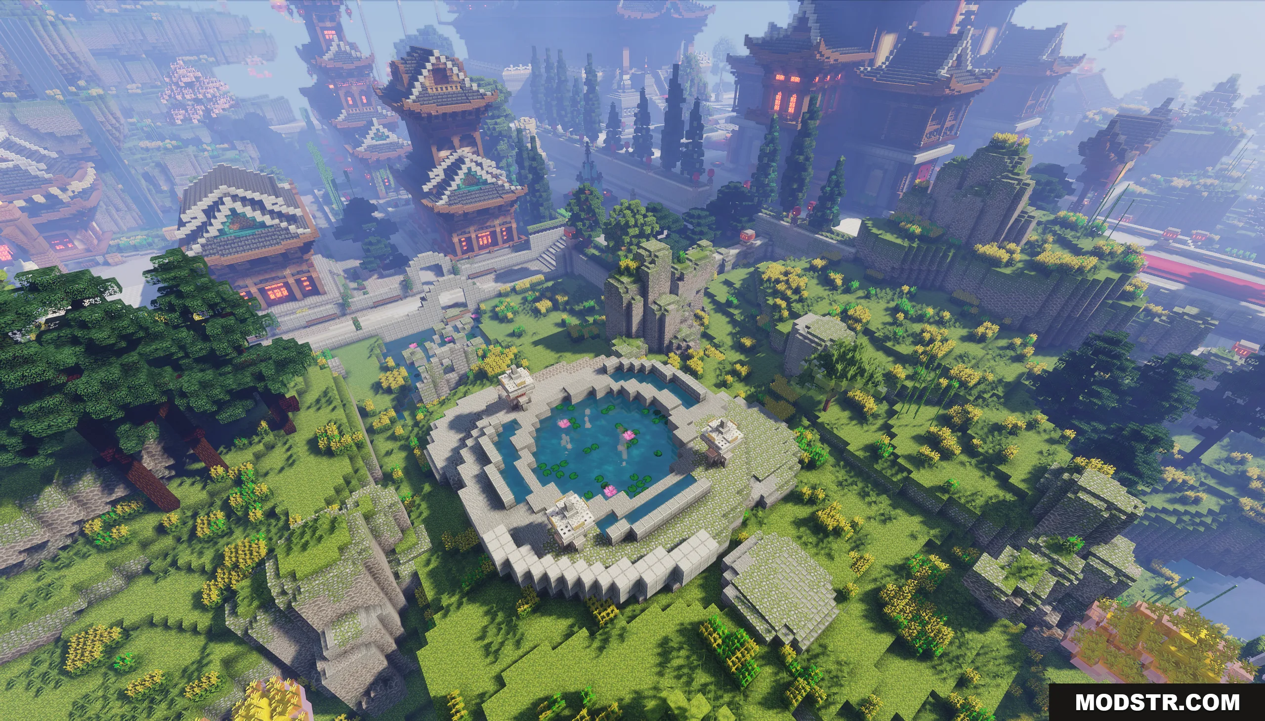 Oriental Valley Map Screenshot 2 Aerial view of a circular pond with lily pads in an oriental garden