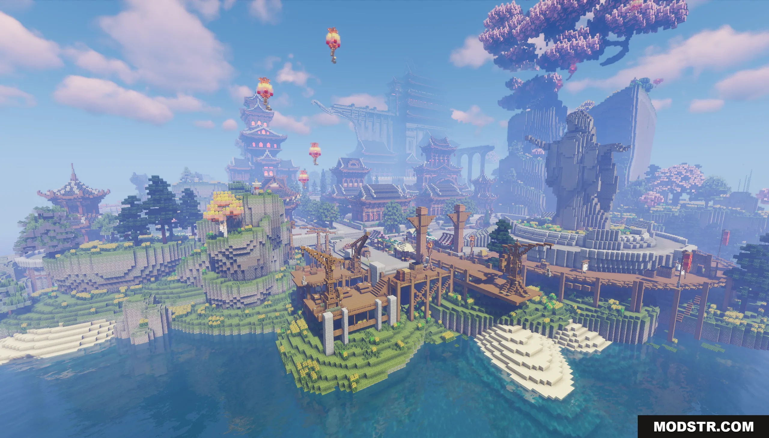 Oriental Valley Map Screenshot 6 Coastal Asian style village featuring wooden docks a stone statue and floating balloons