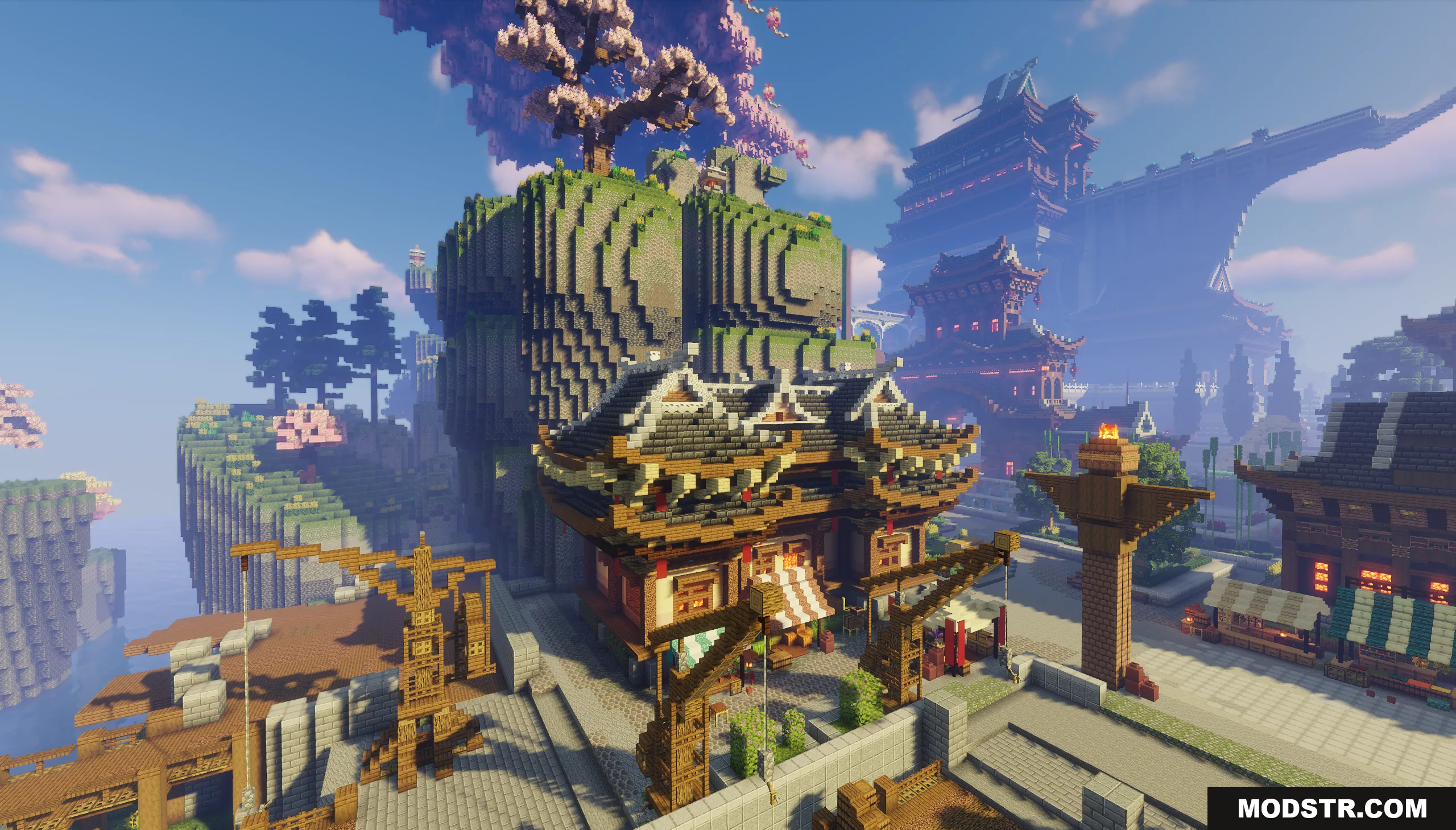 Oriental Valley Map Screenshot 4 Asian style marketplace with wooden cranes and buildings next to a large cliff