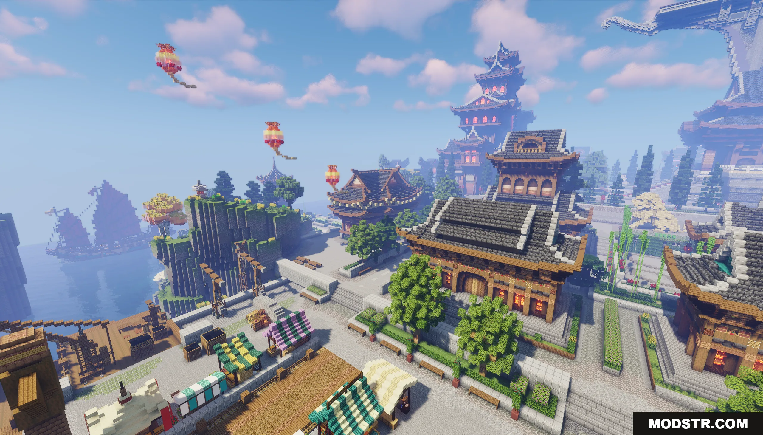 Oriental Valley Map Screenshot 7 Coastal Minecraft city featuring traditional Asian architecture market stalls and floating lanterns
