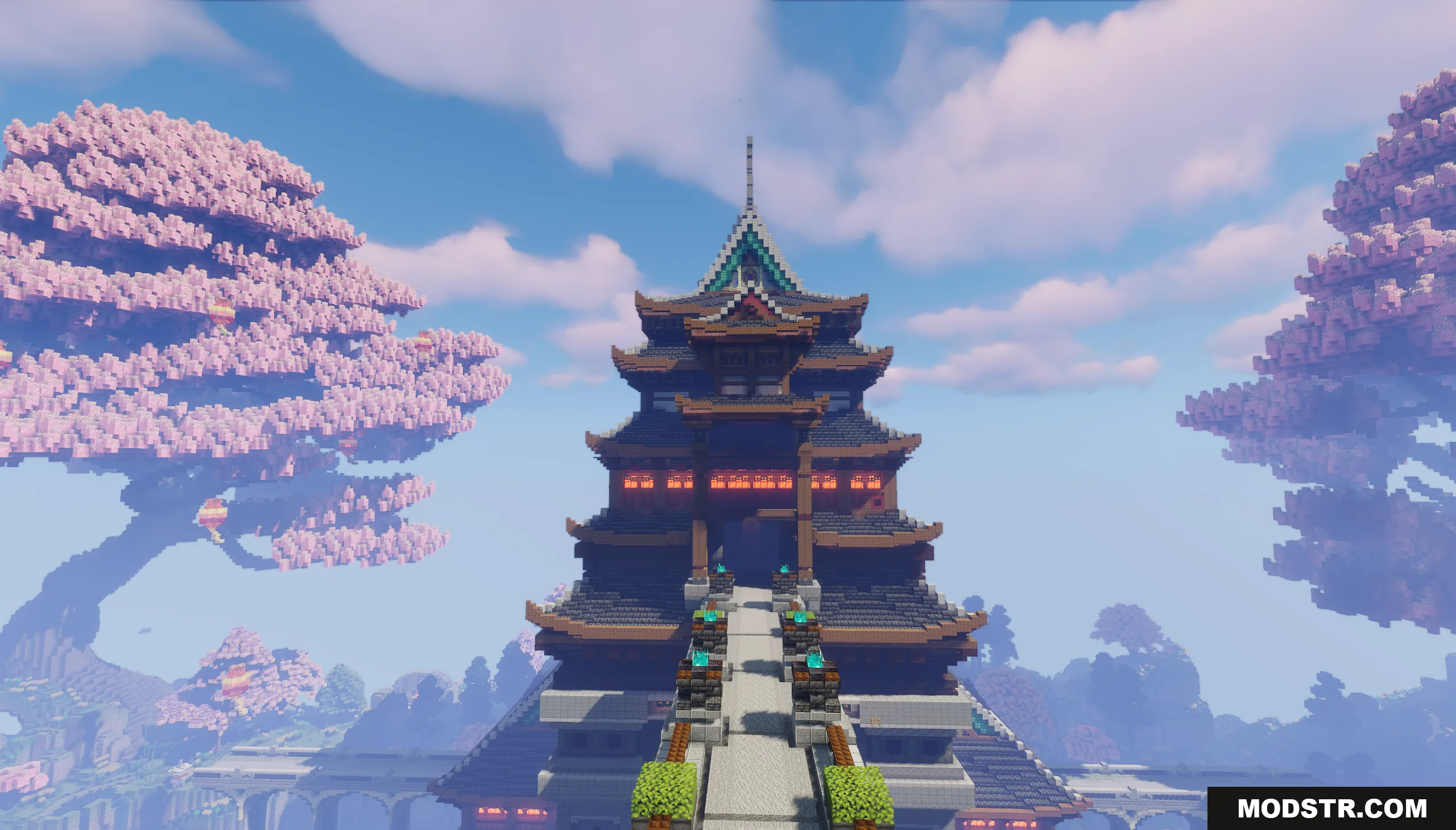 Oriental Valley Map Screenshot 10 Large oriental building with a stone walkway flanked by pink cherry blossom trees
