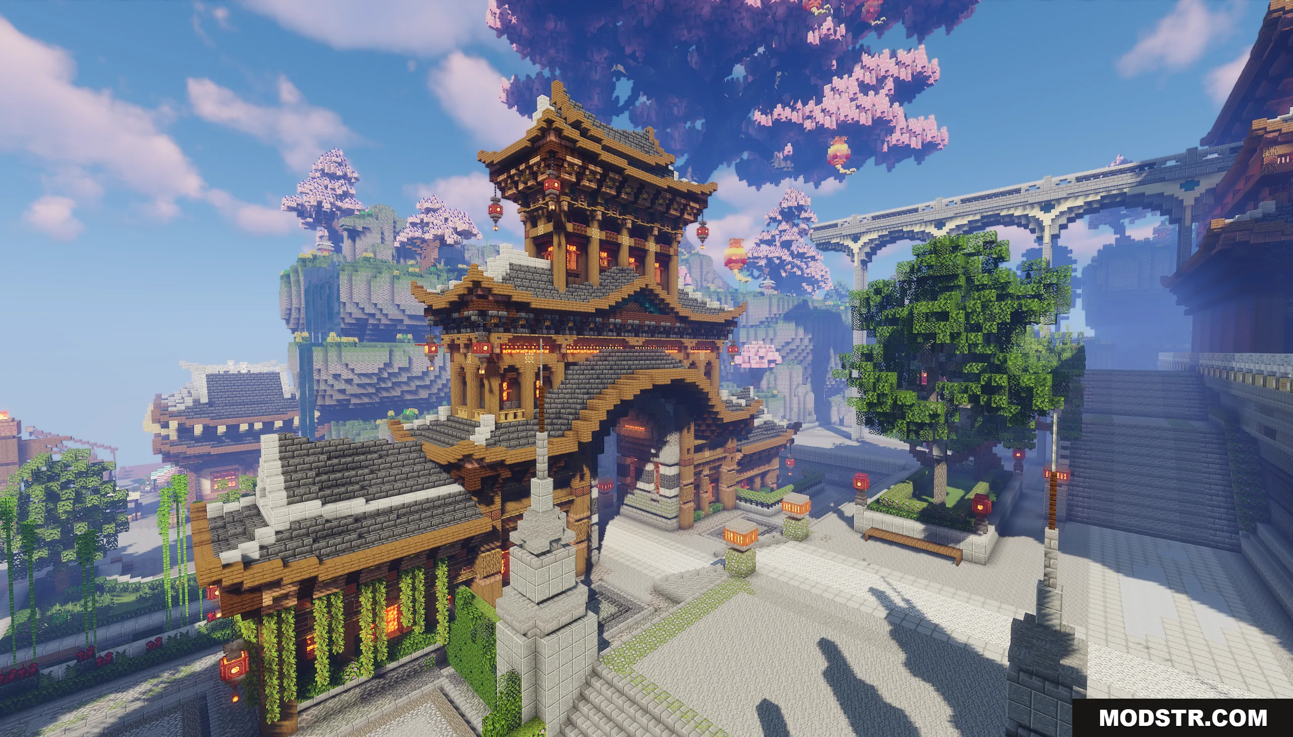 Oriental Valley Map Screenshot 3 Large Asian style gate building with red lanterns and cherry blossom trees nearby