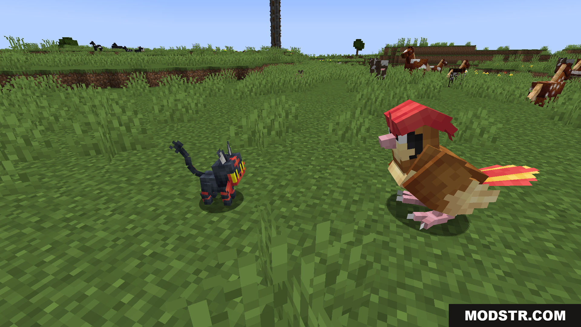 Original Pokemon Battle Music Resource Pack Screenshot 3 Litten and Pidgeotto models in a grassy Minecraft world